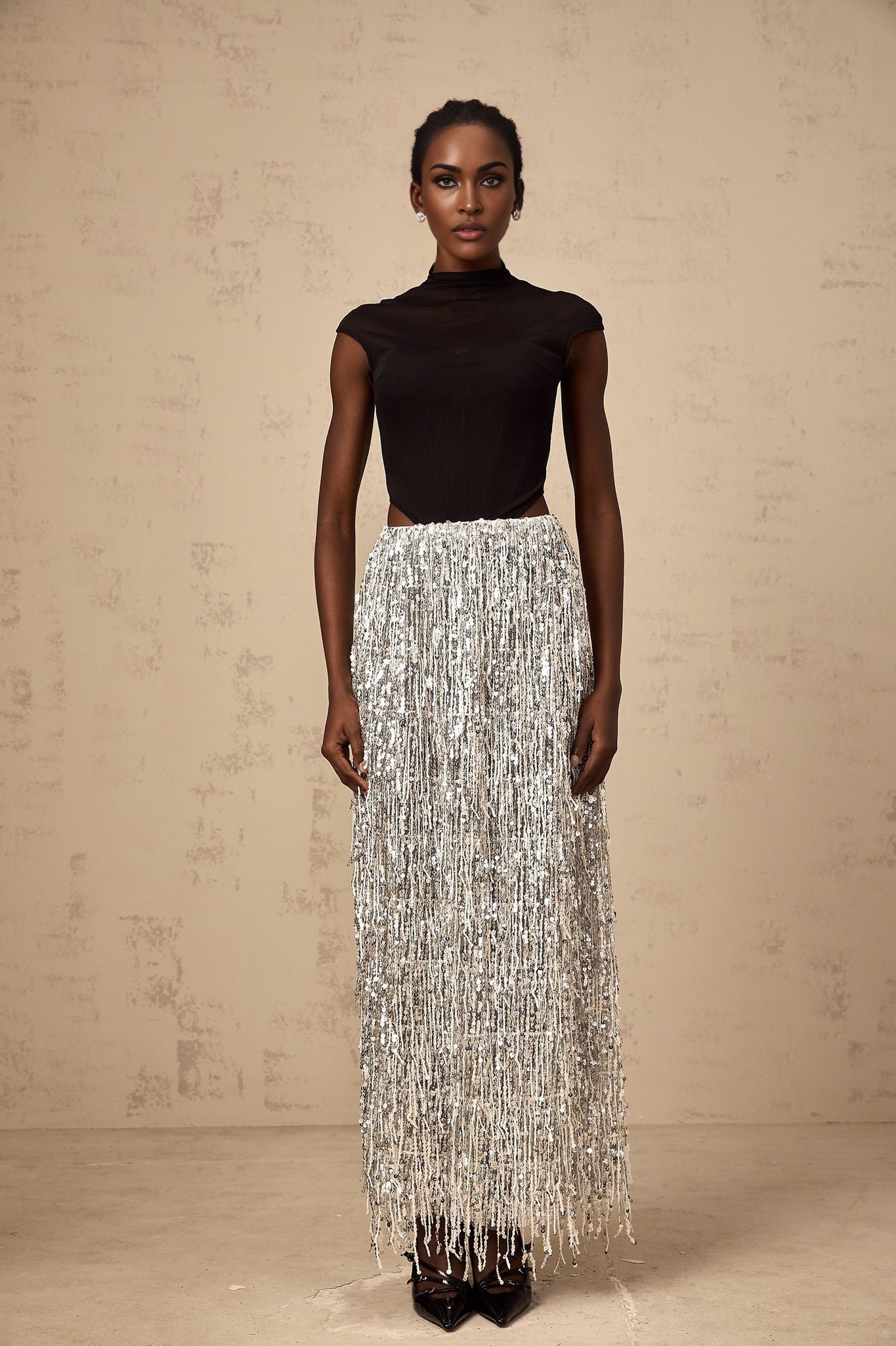Charlotte Skirt & Top Set - Mock Neck Top with Boned Bodice - Semi - Sheer Corset Style - Sequin Embellished Fringed Skirt