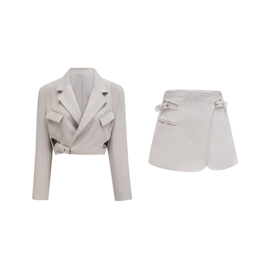 Chelsea Blazer & Skirt - Wool Blend Matching Set - tone Hardware - Wrap Design