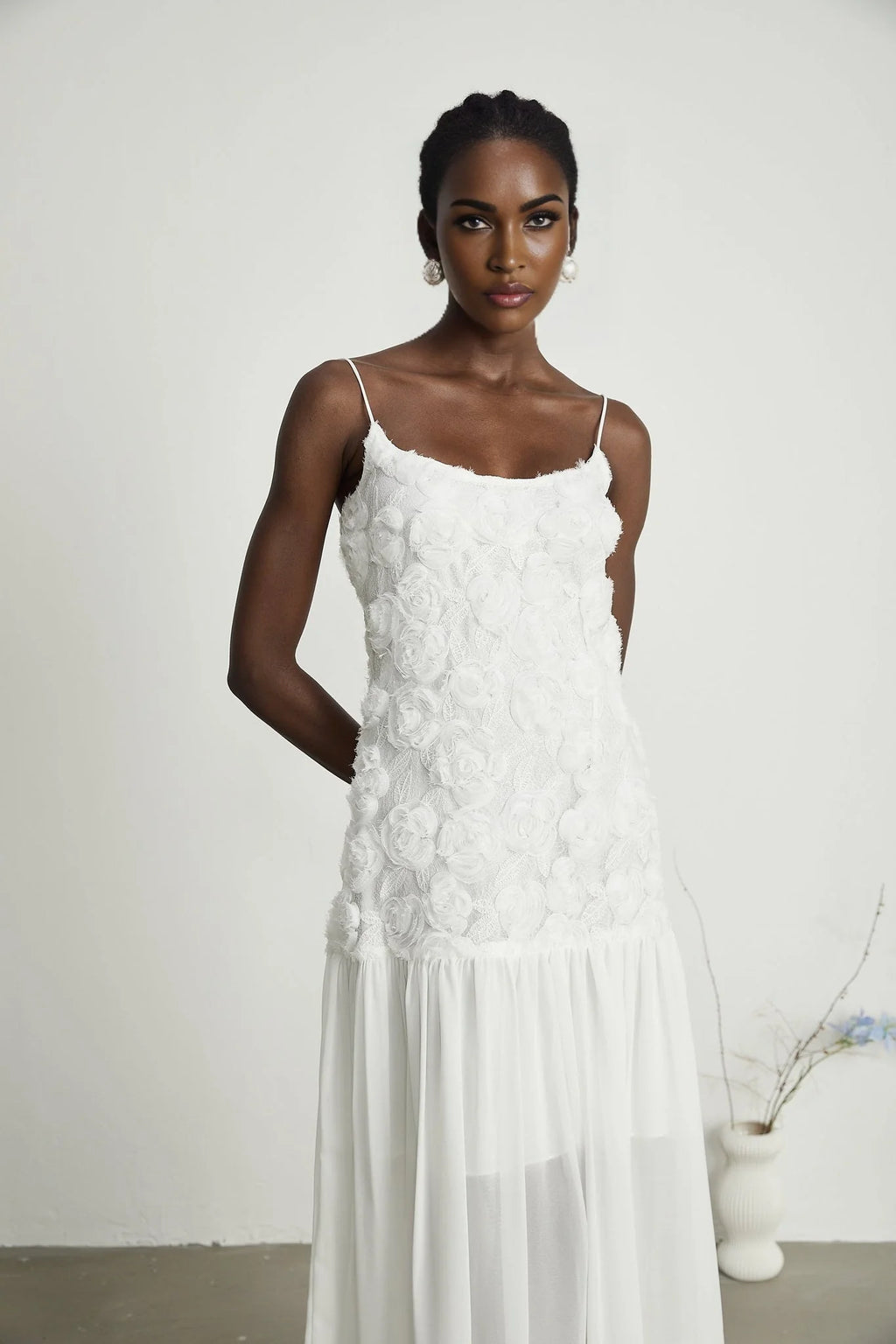 Chelsea Floral Maxi Dress - Square Neck - Spaghetti Straps - Panelled Appliqué Detailing - Rear Zip Fastening