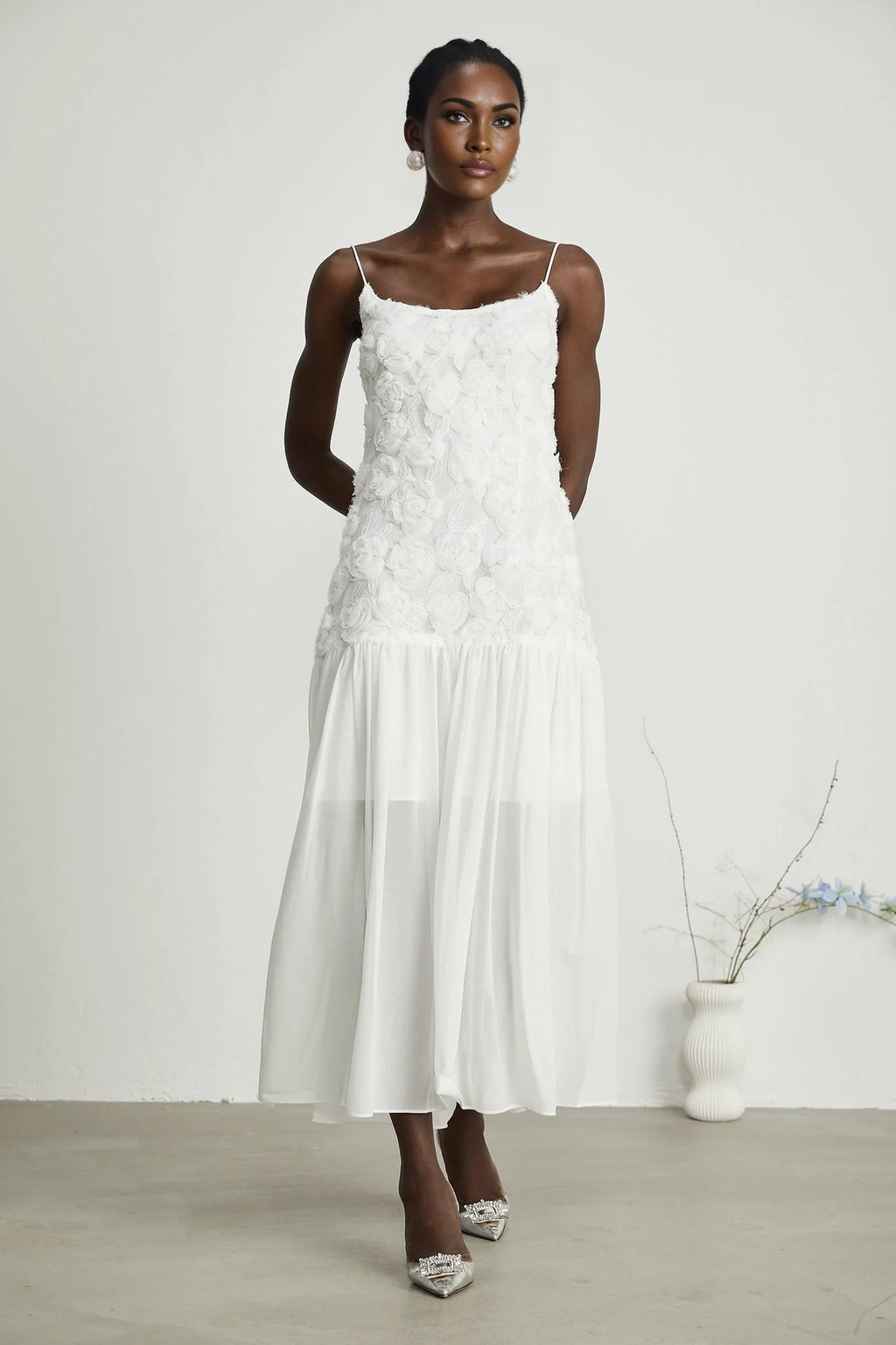 Chelsea Floral Maxi Dress - Square Neck - Spaghetti Straps - Panelled Appliqué Detailing - Rear Zip Fastening