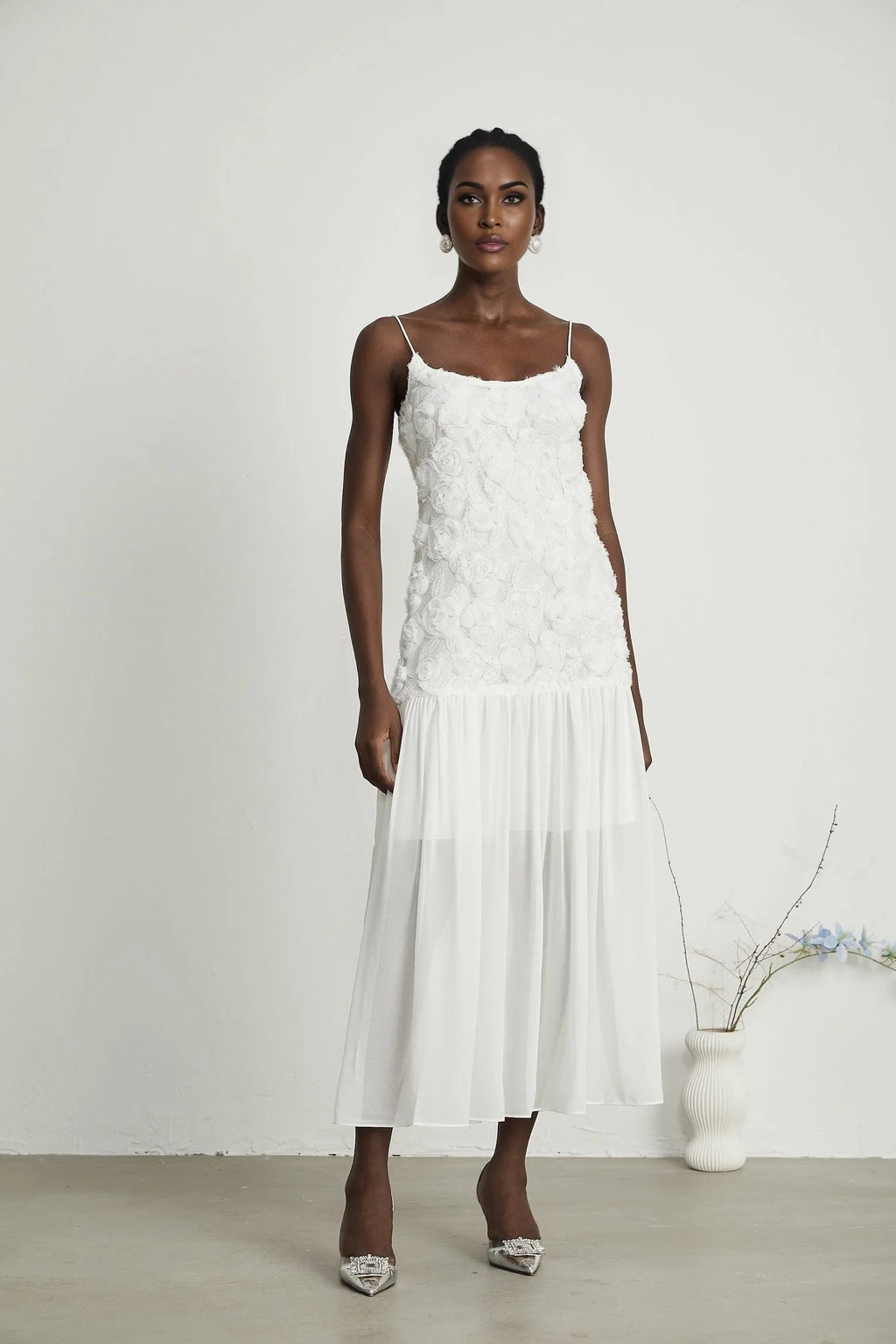 Chelsea Floral Maxi Dress - Square Neck - Spaghetti Straps - Panelled Appliqué Detailing - Rear Zip Fastening