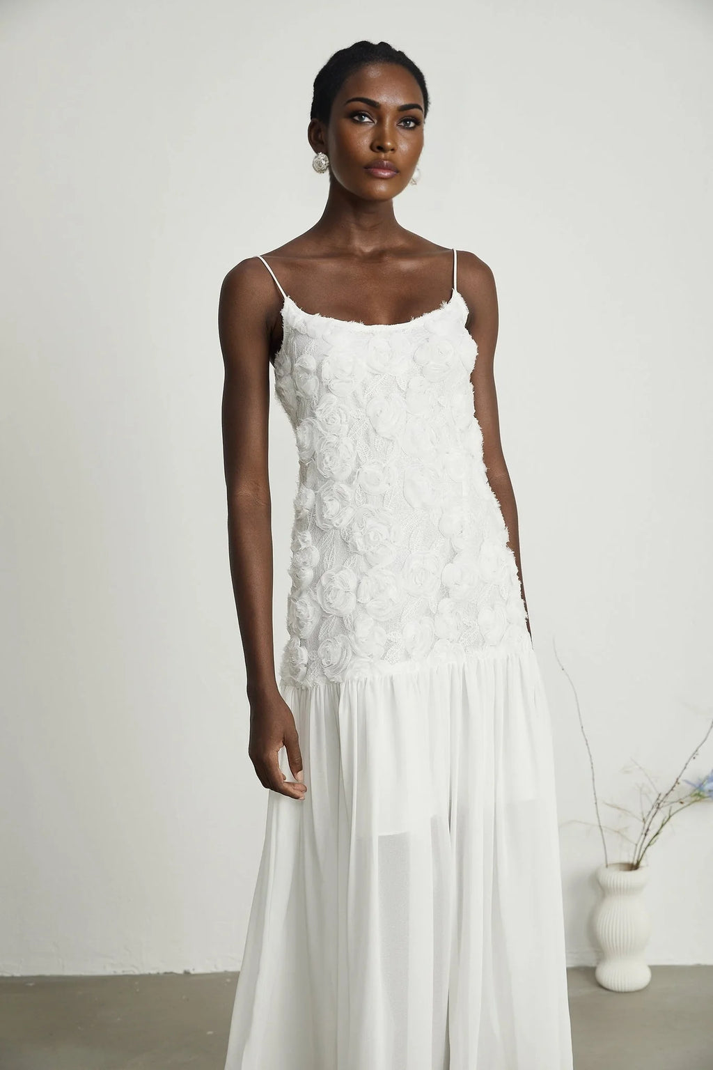 Chelsea Floral Maxi Dress - Square Neck - Spaghetti Straps - Panelled Appliqué Detailing - Rear Zip Fastening