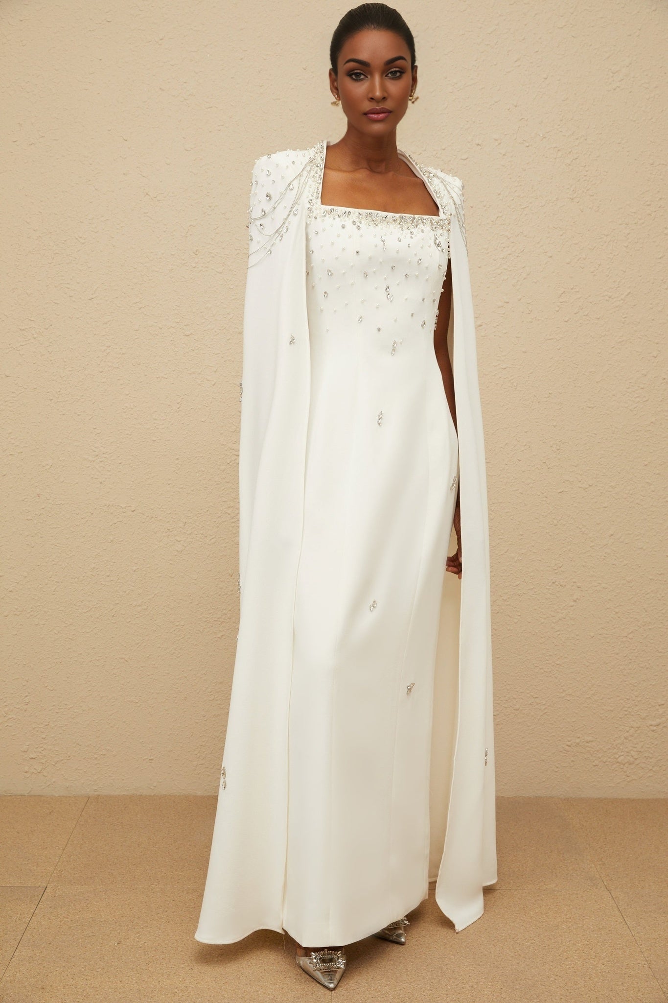 Chelsea Gown - Square Neck - Fitted Waistline - Cape Design - Embellished Details - Rear Slit