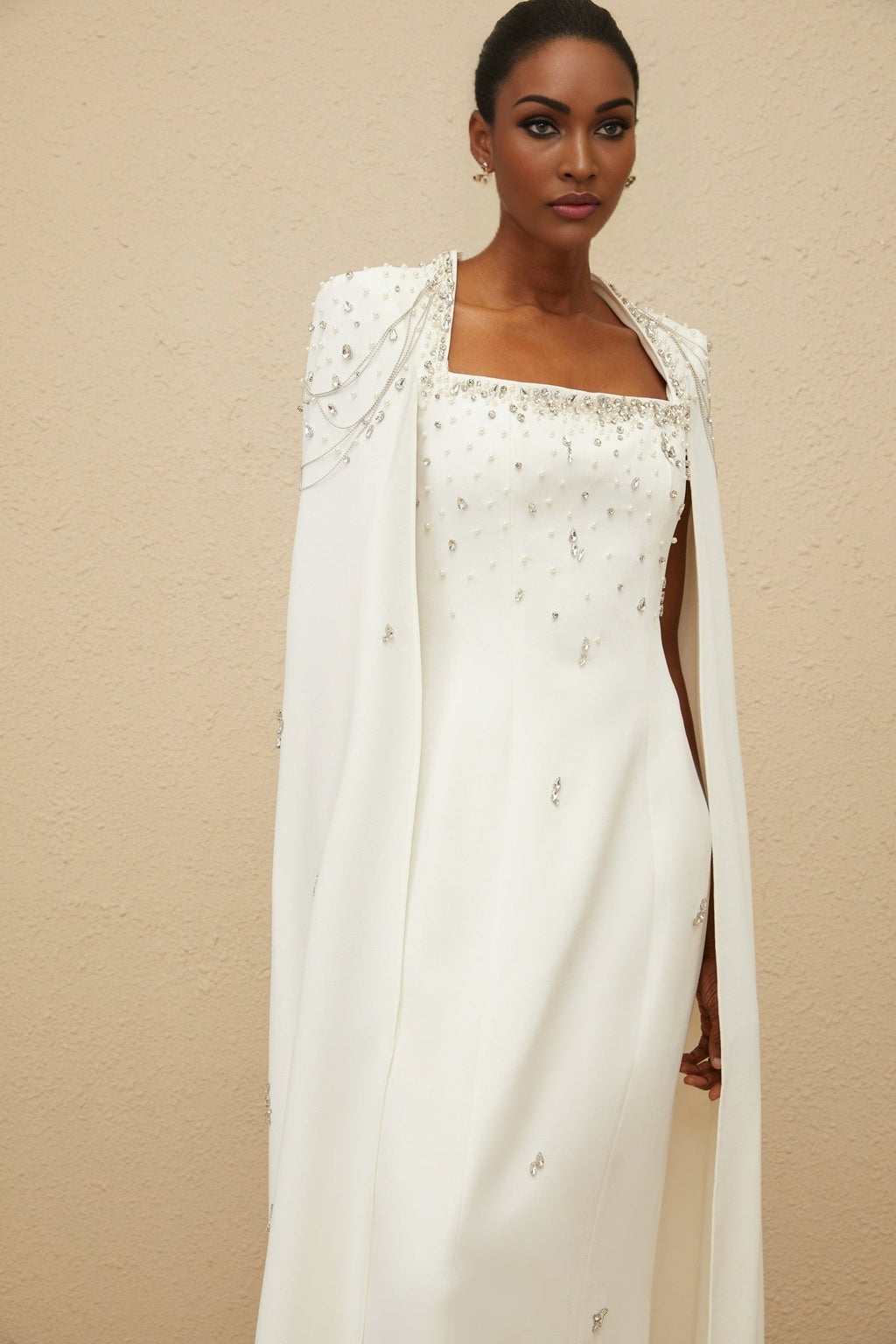 Chelsea Gown - Square Neck - Fitted Waistline - Cape Design - Embellished Details - Rear Slit