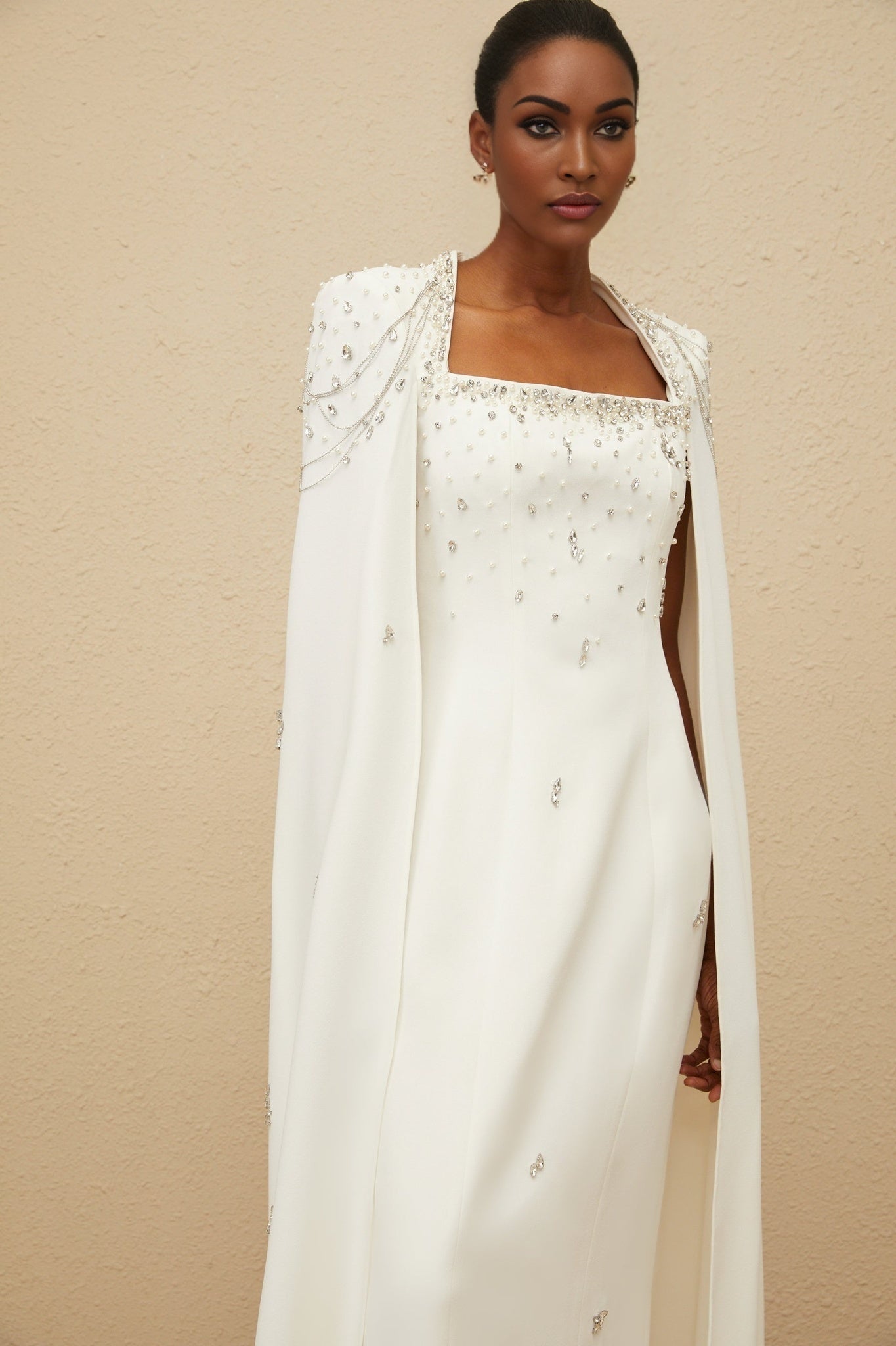 Chelsea Gown - Square Neck - Fitted Waistline - Cape Design - Embellished Details - Rear Slit