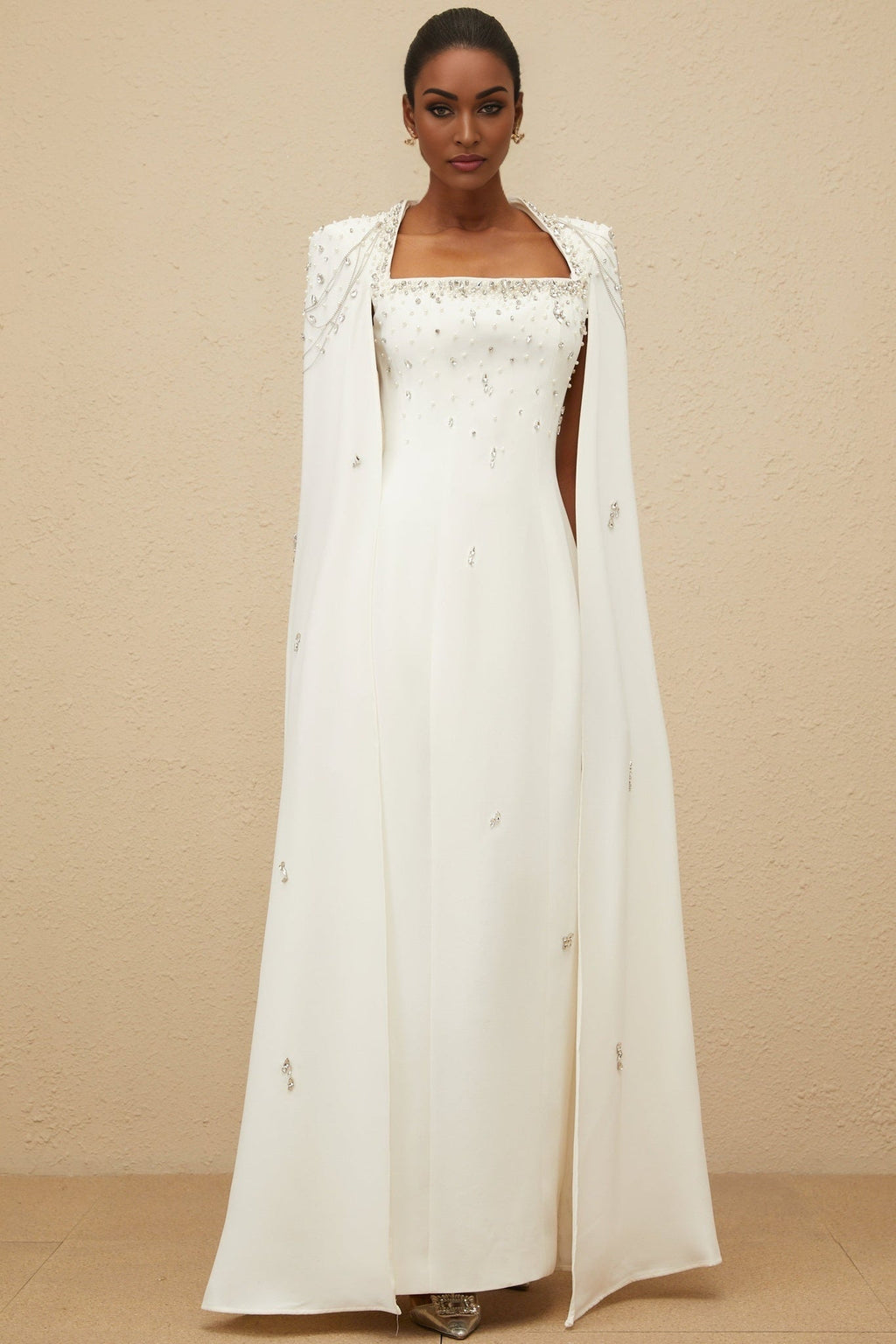 Chelsea Gown - Square Neck - Fitted Waistline - Cape Design - Embellished Details - Rear Slit