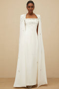 Chelsea Gown - Square Neck - Fitted Waistline - Cape Design - Embellished Details - Rear Slit