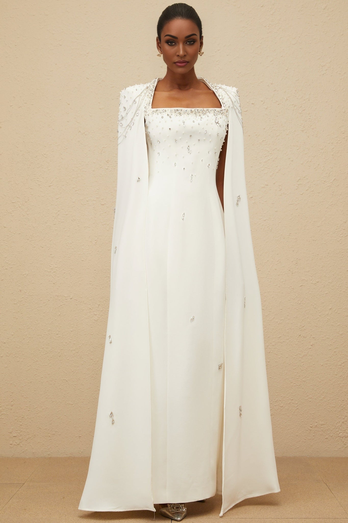 Chelsea Gown - Square Neck - Fitted Waistline - Cape Design - Embellished Details - Rear Slit