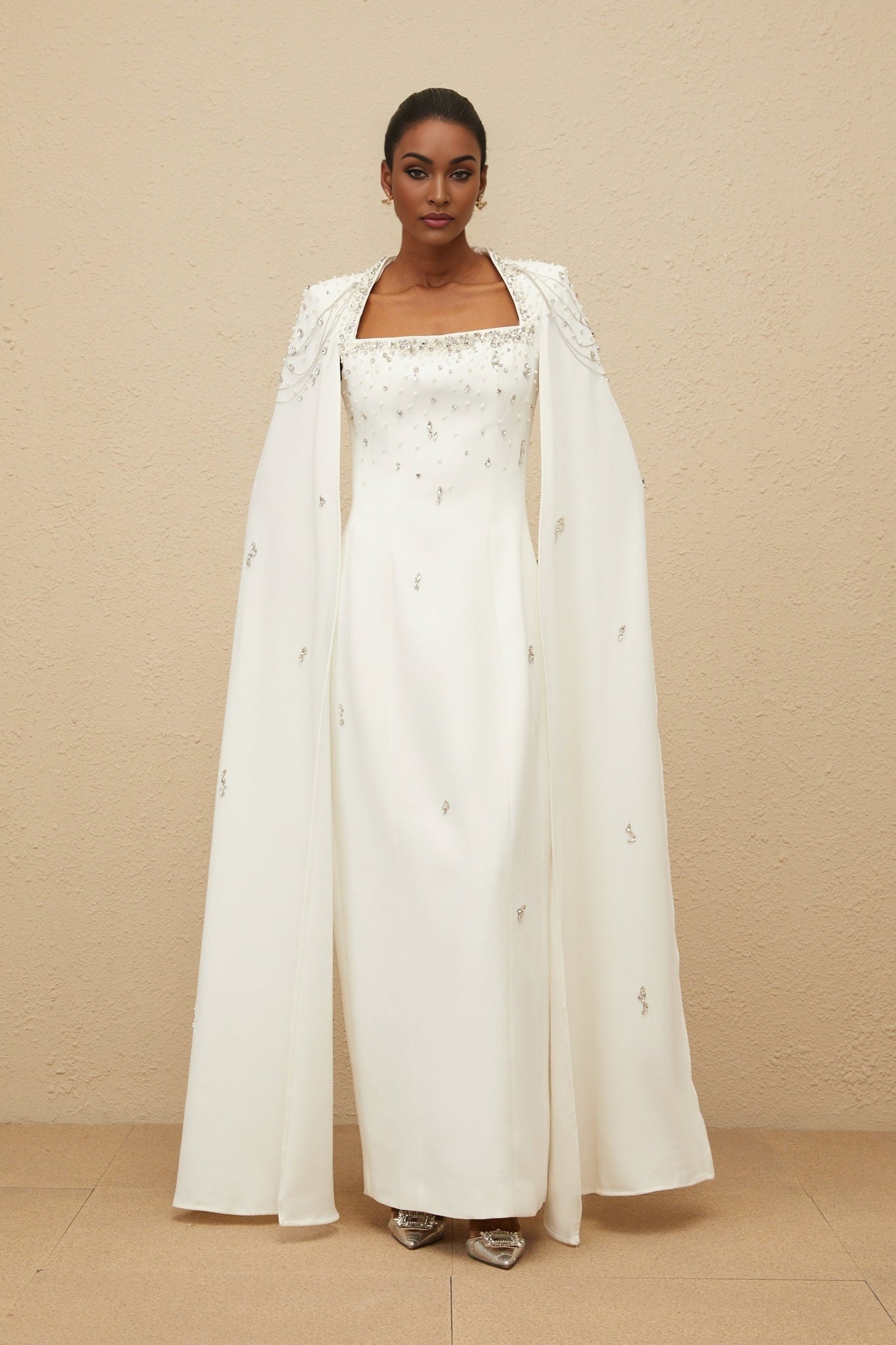 Chelsea Gown - Square Neck - Fitted Waistline - Cape Design - Embellished Details - Rear Slit
