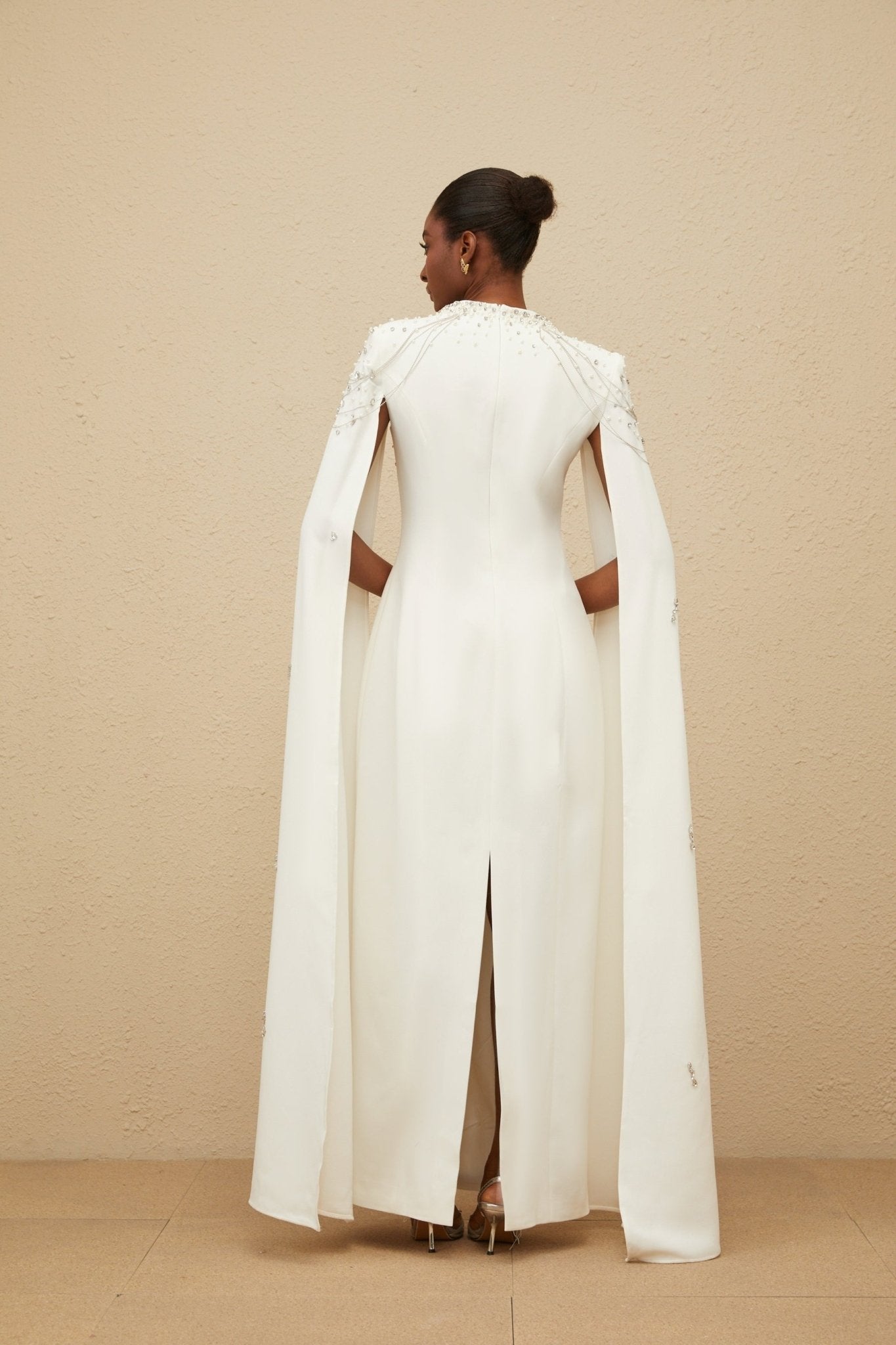 Chelsea Gown - Square Neck - Fitted Waistline - Cape Design - Embellished Details - Rear Slit
