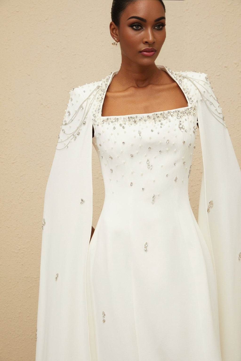 Chelsea Gown - Square Neck - Fitted Waistline - Cape Design - Embellished Details - Rear Slit