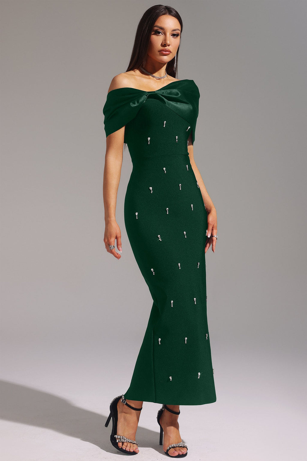 Cherish Green One Shoulder Bow Detail Diamond Embellished Bodycon Dress