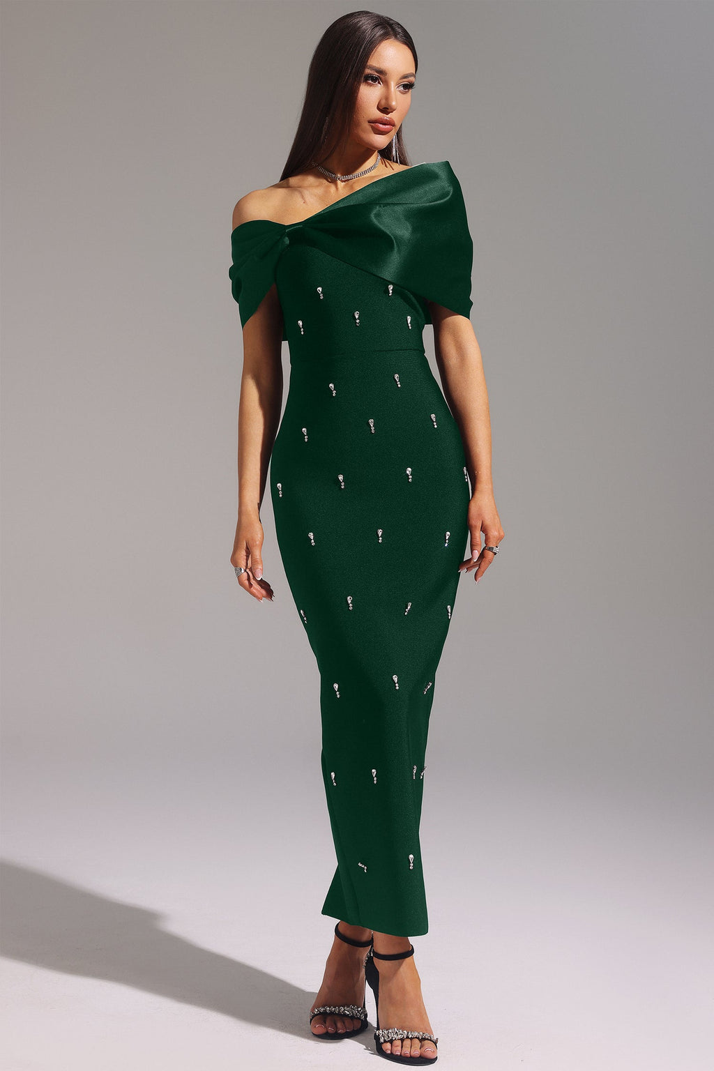 Cherish Green One-Shoulder Bow Detail Diamond Embellished Bodycon Dress