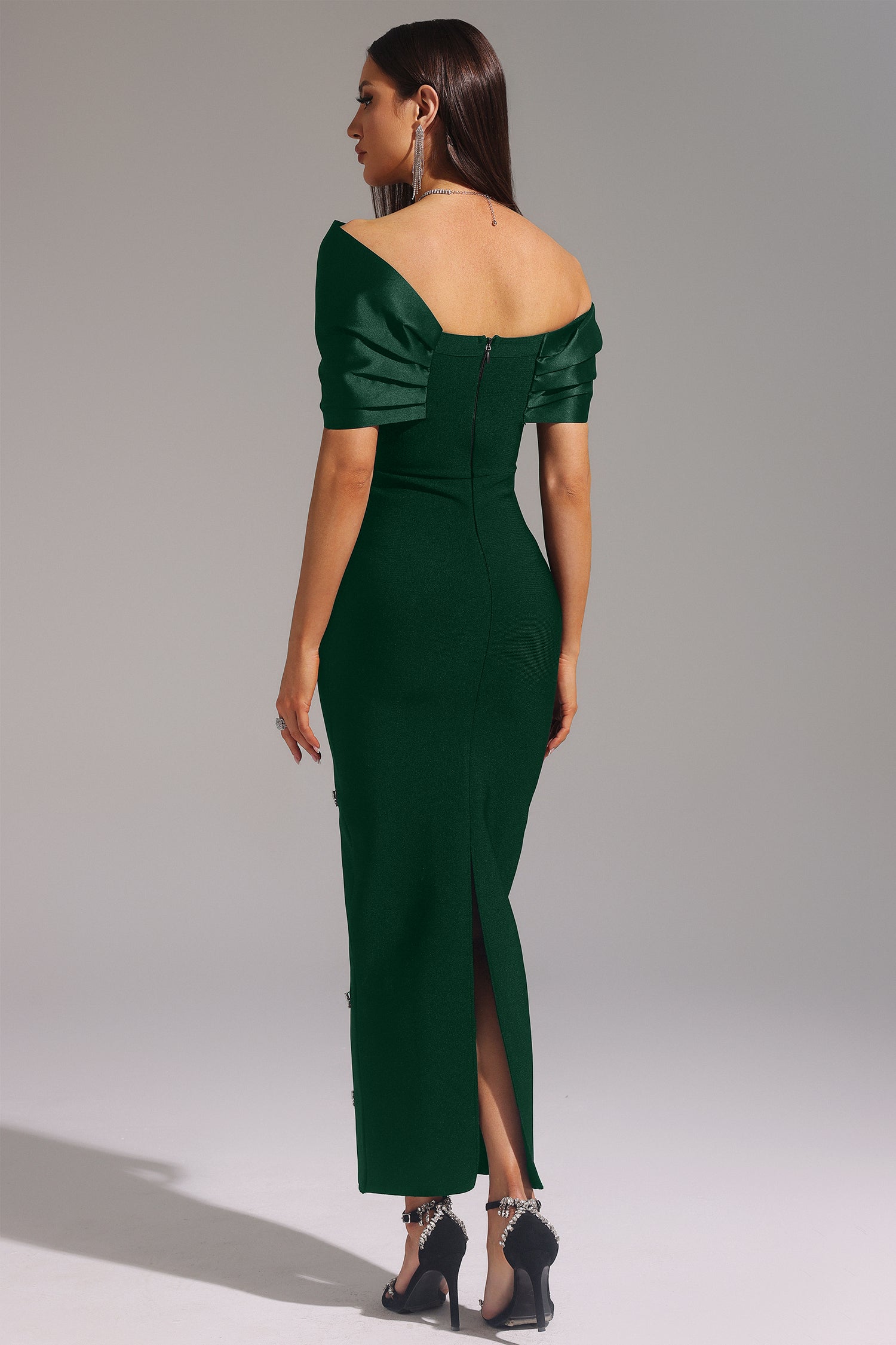 Cherish Green One Shoulder Bow Detail Diamond Embellished Bodycon Dress