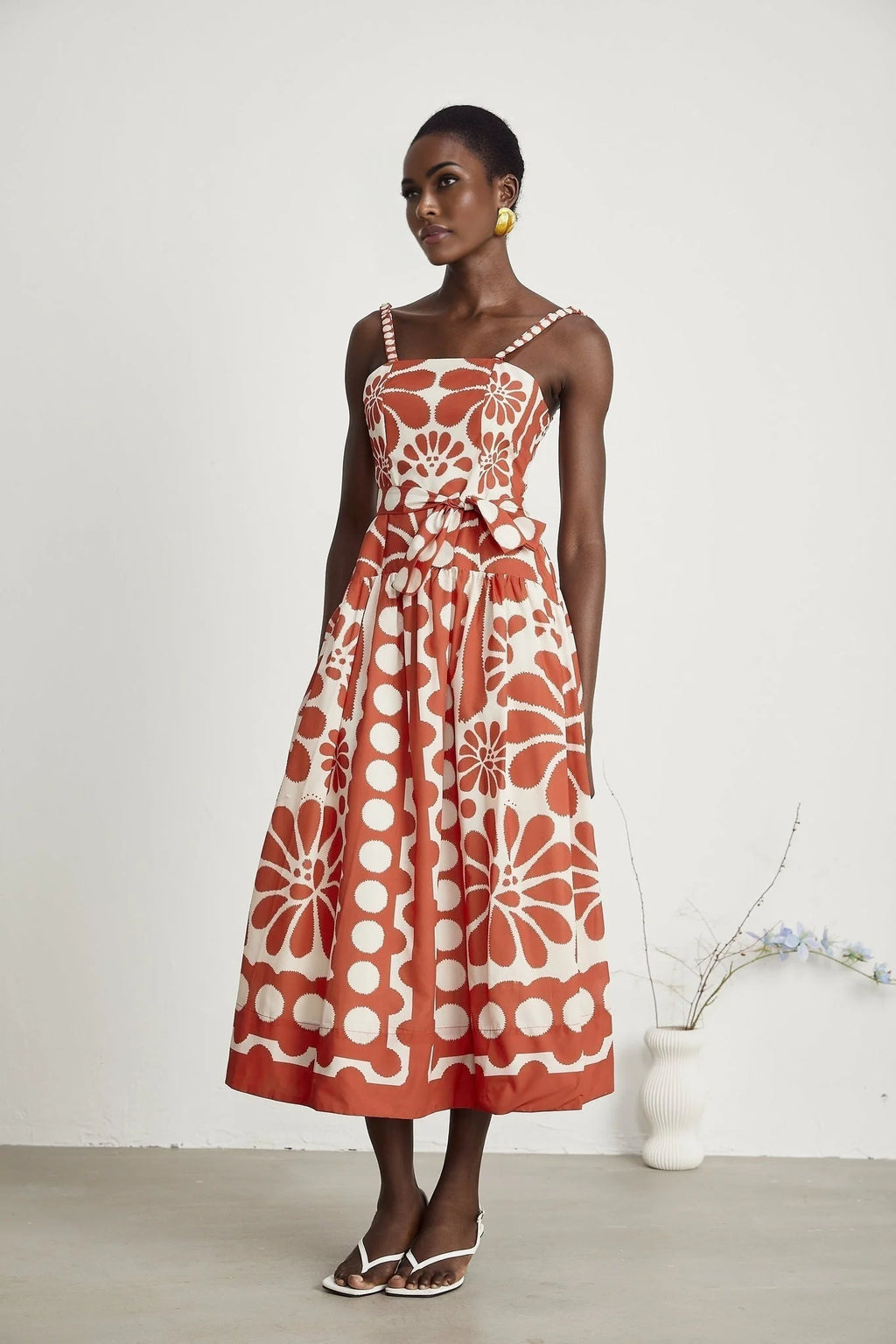 Cherish Midi Dress - Sleeveless Wide Strap Graphic Waist Tie Zip Closure Flattering Length