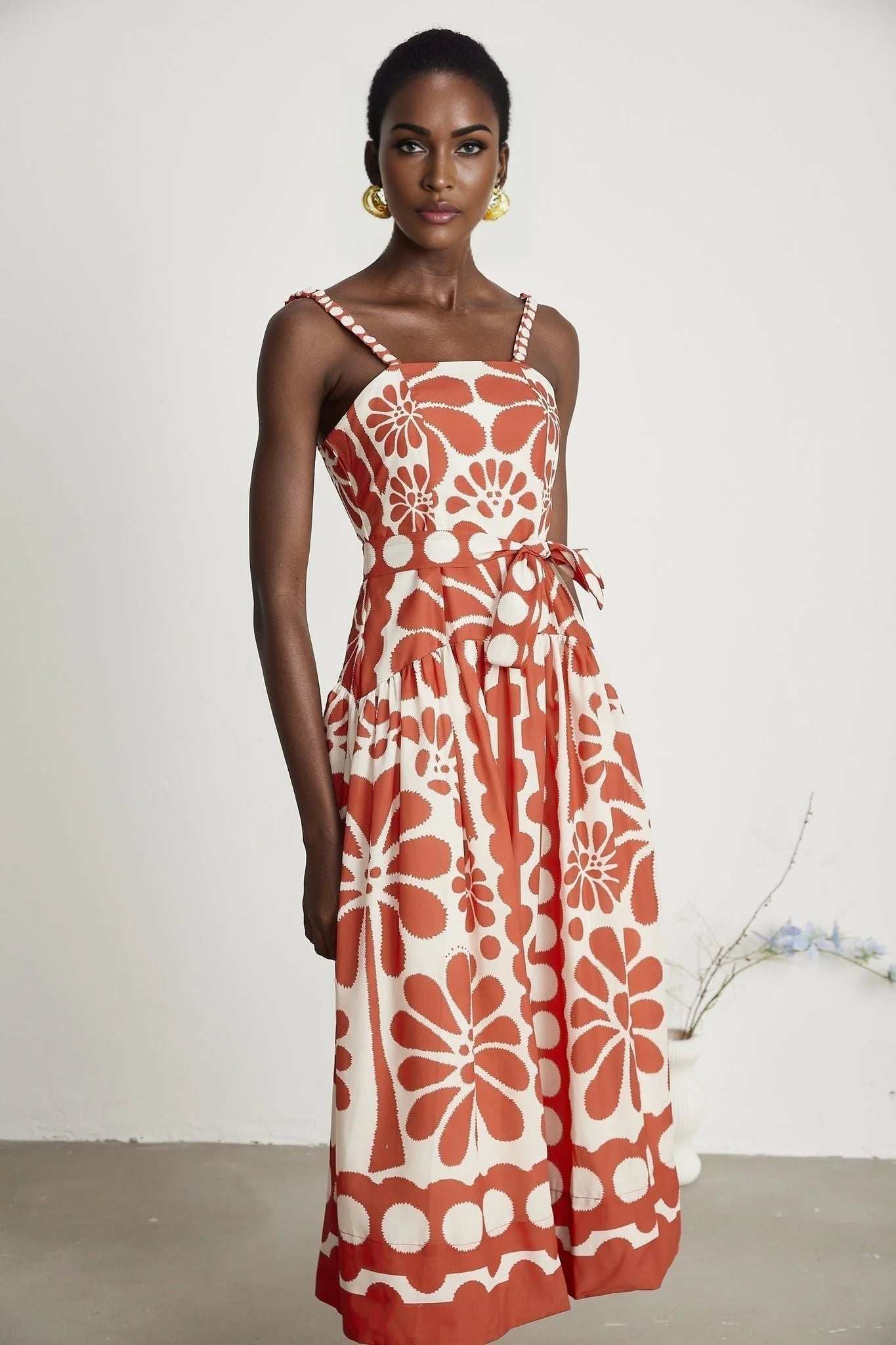 Cherish Midi Dress - Sleeveless Wide Strap Graphic Waist Tie Zip Closure Flattering Length