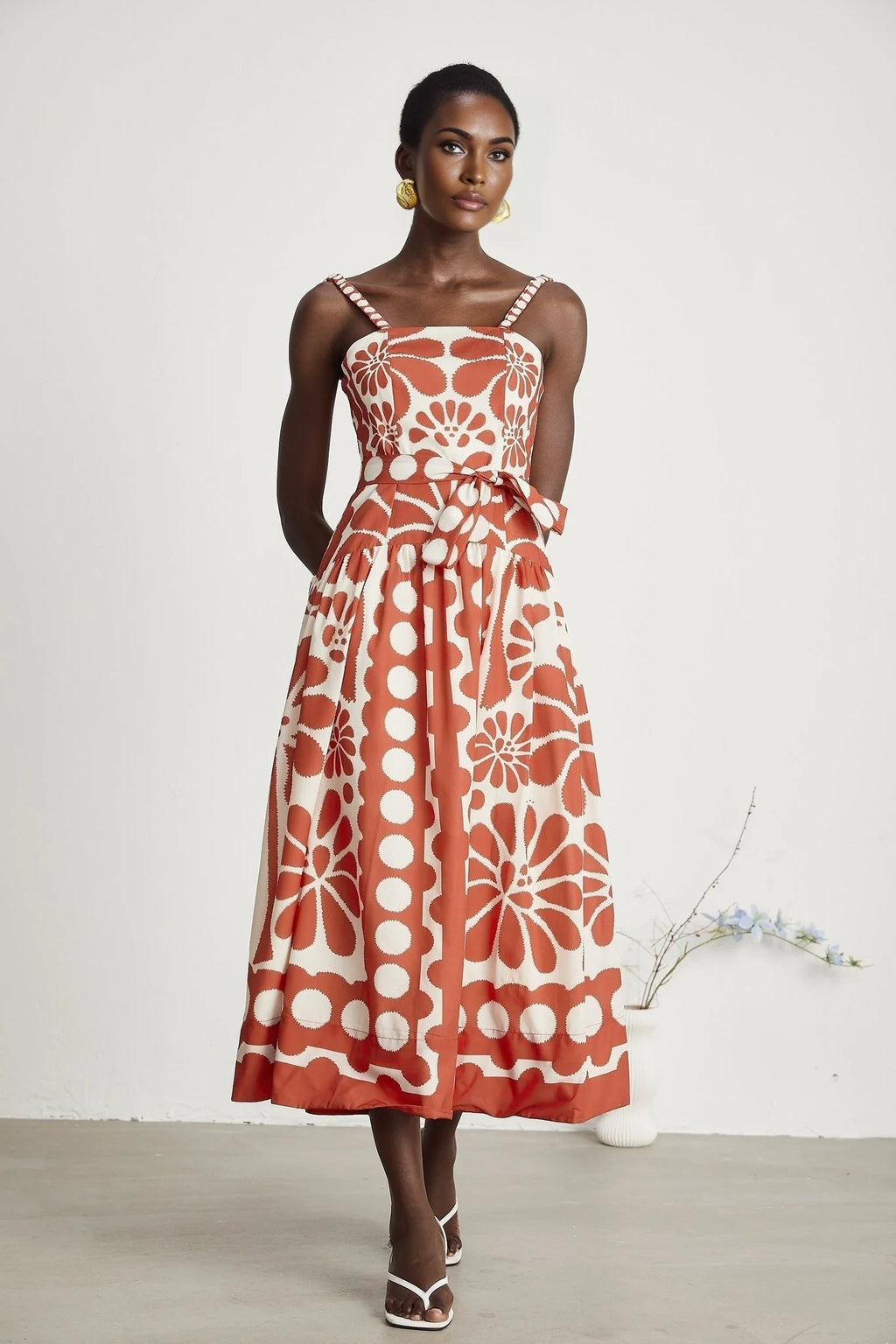 Cherish Midi Dress - Sleeveless Wide Strap Graphic Waist Tie Zip Closure Flattering Length