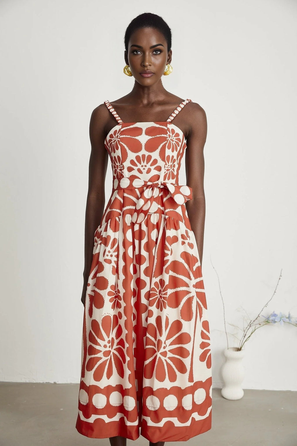Cherish Midi Dress - Sleeveless Wide Strap Graphic Waist Tie Zip Closure Flattering Length