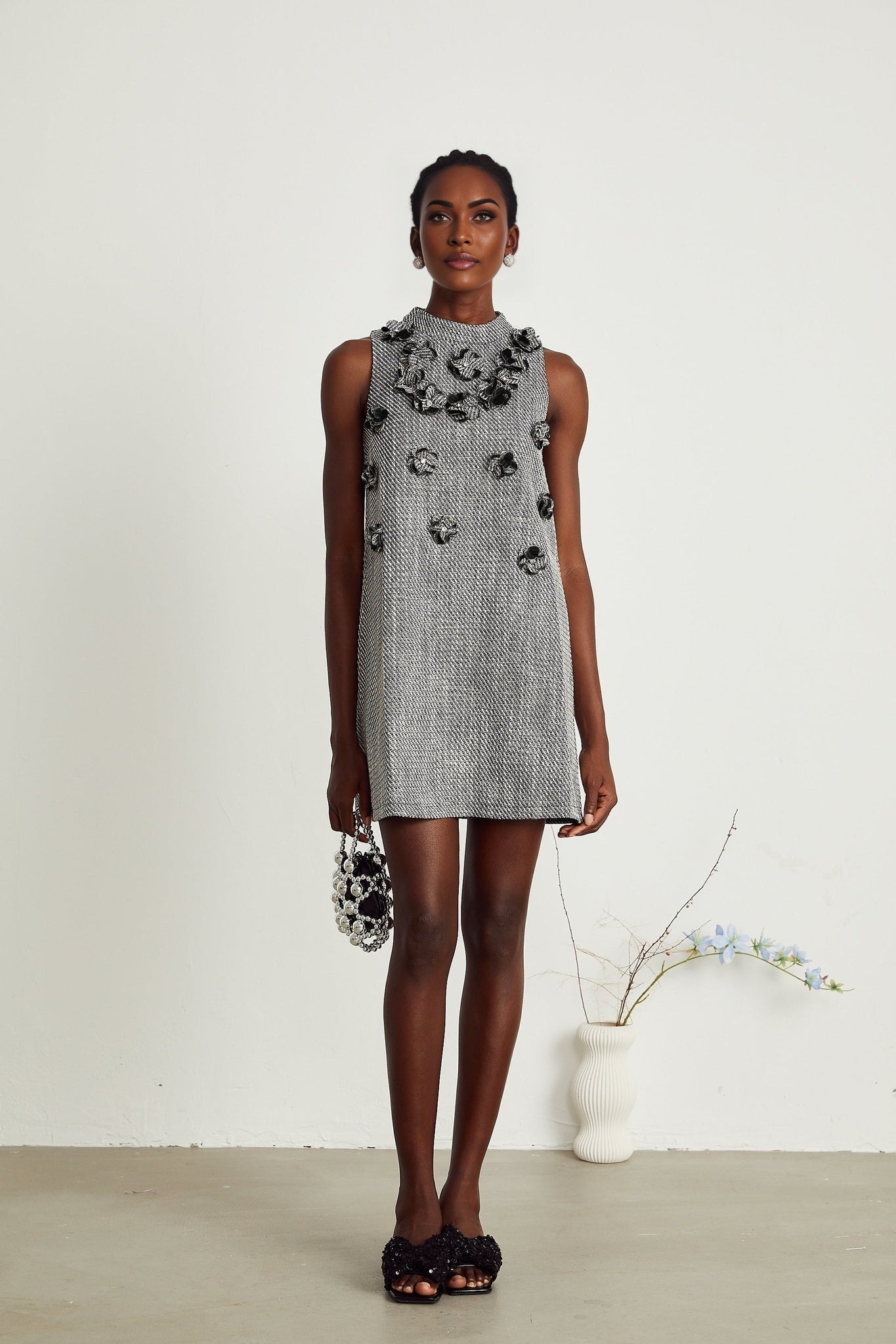 Cherish Mini Dress - Crew Neck - Sleeveless - Faux - Flower Detailing - A - Line Silhouette