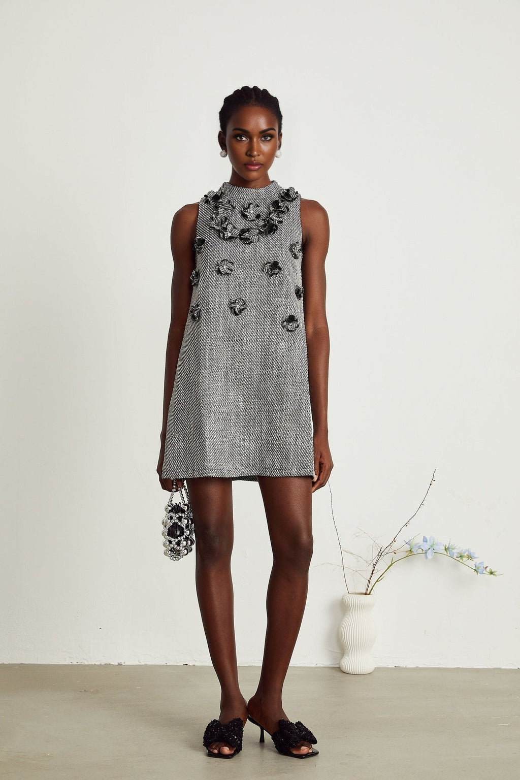 Cherish Mini Dress - Crew Neck - Sleeveless - Faux - Flower Detailing - A - Line Silhouette