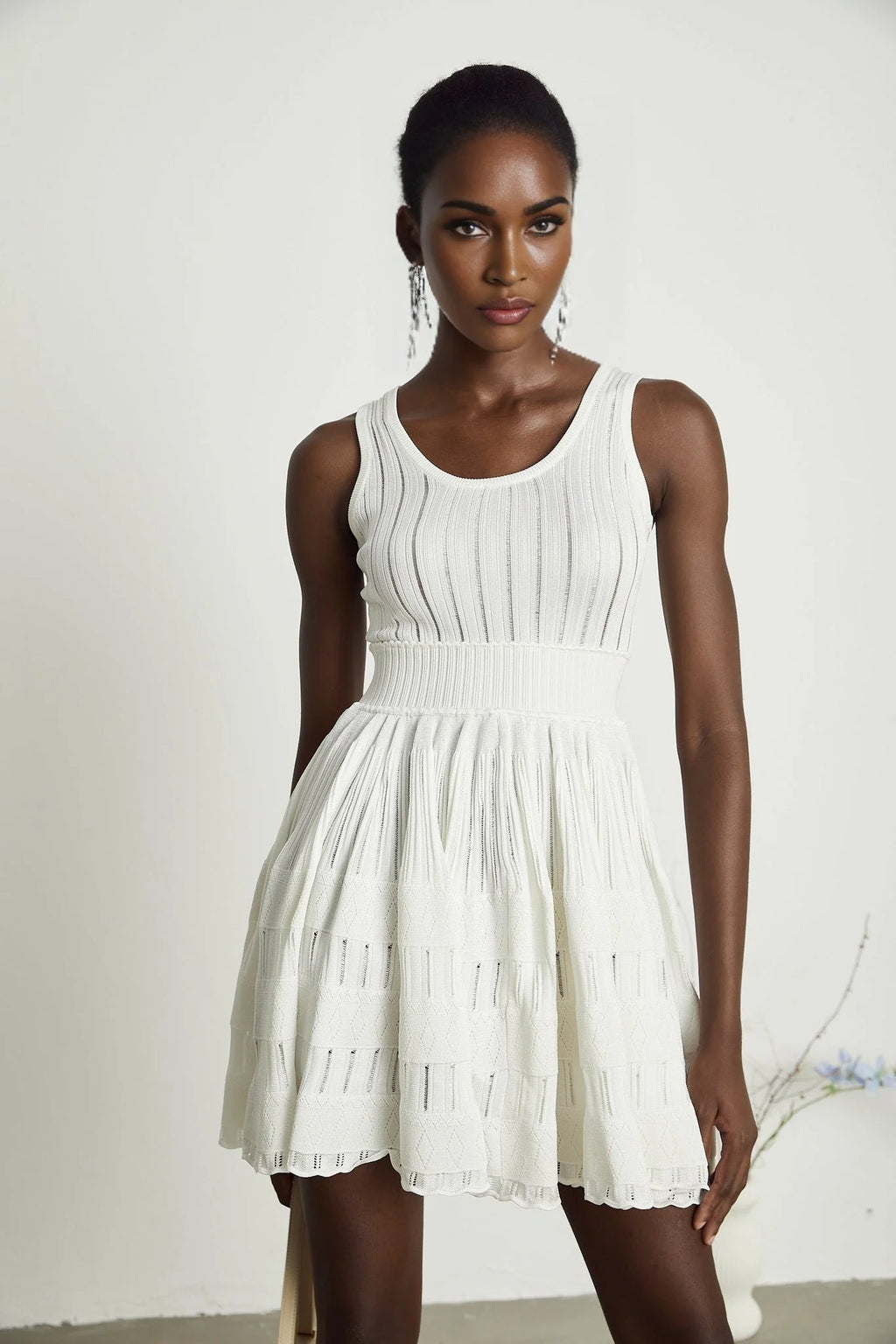 Cherish Mini Dress - U - neck - Sleeveless - Cut - out & Pleated Detailing - Flared Skirt
