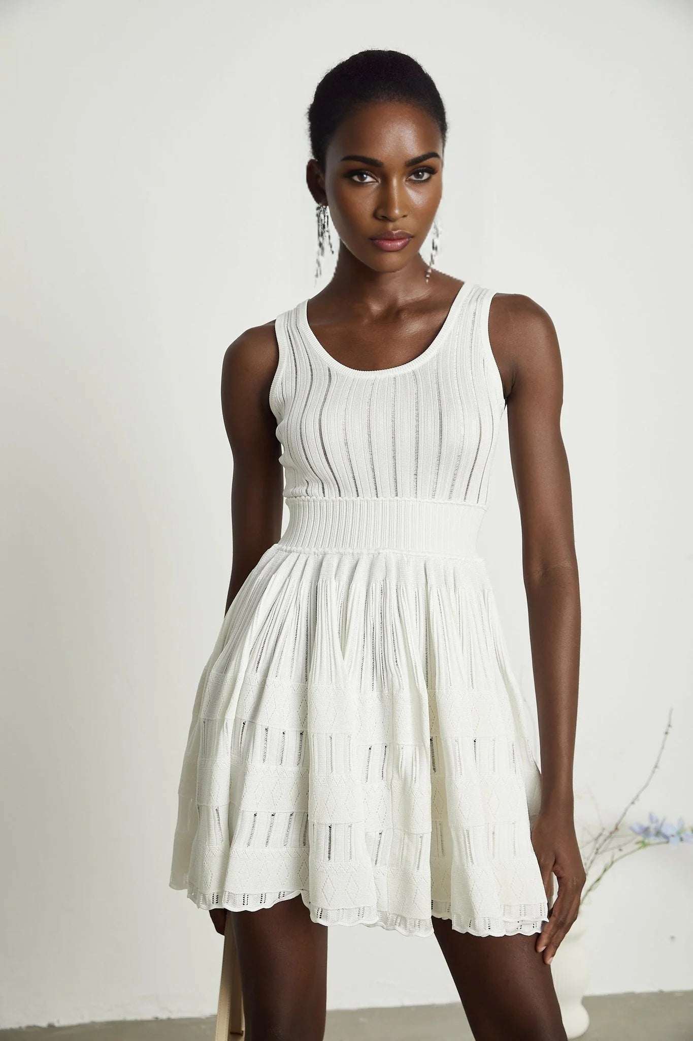 Cherish Mini Dress - U - neck - Sleeveless - Cut - out & Pleated Detailing - Flared Skirt