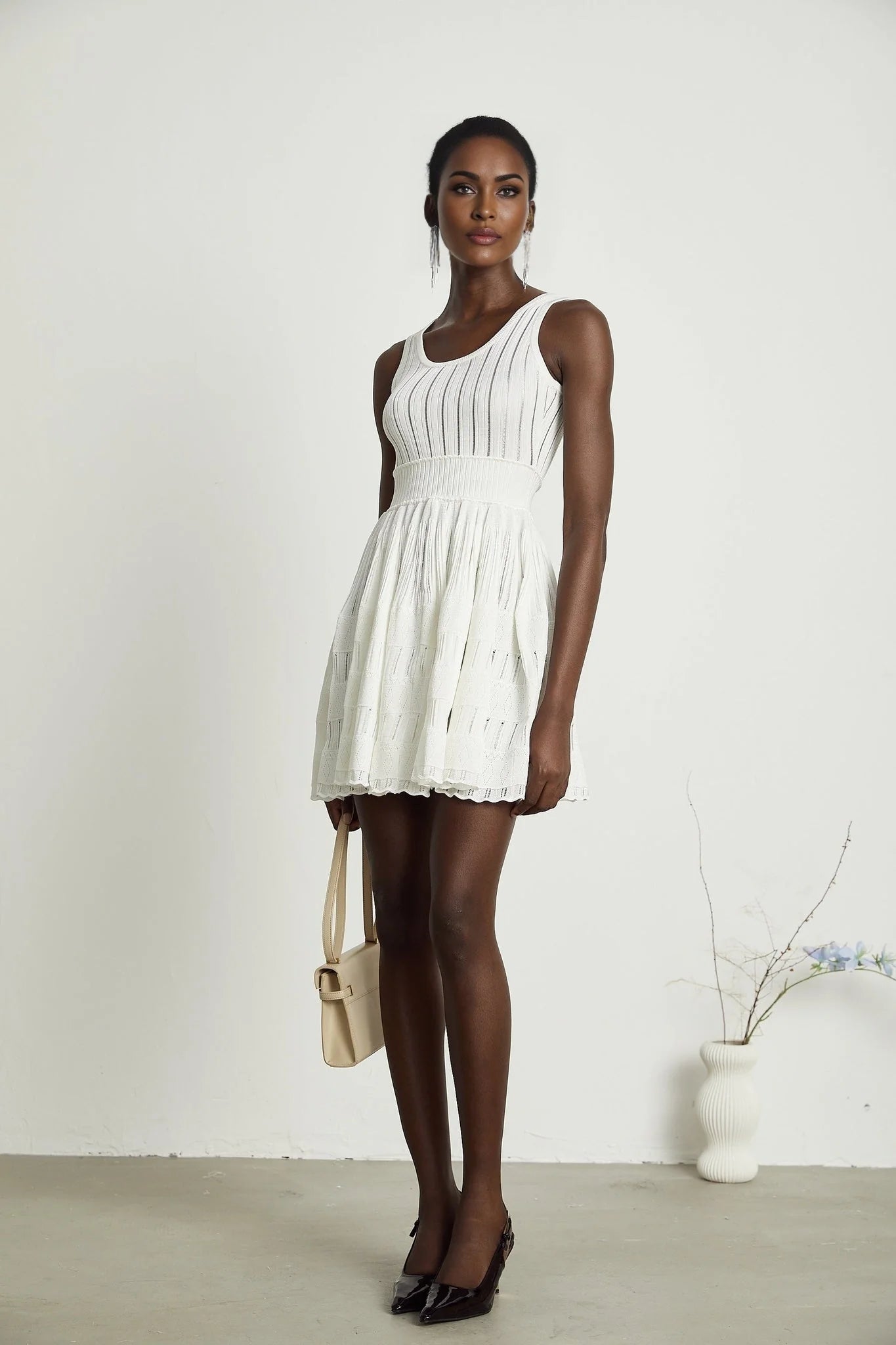 Cherish Mini Dress - U - neck - Sleeveless - Cut - out & Pleated Detailing - Flared Skirt