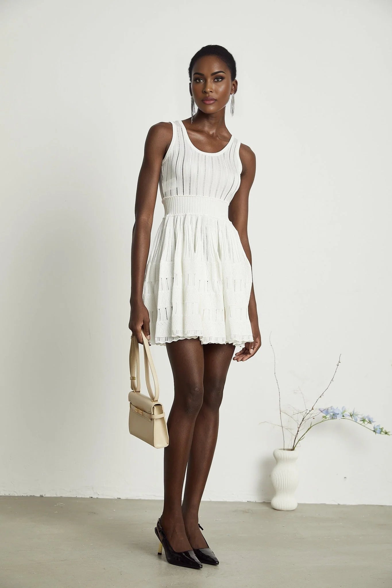 Cherish Mini Dress - U - neck - Sleeveless - Cut - out & Pleated Detailing - Flared Skirt