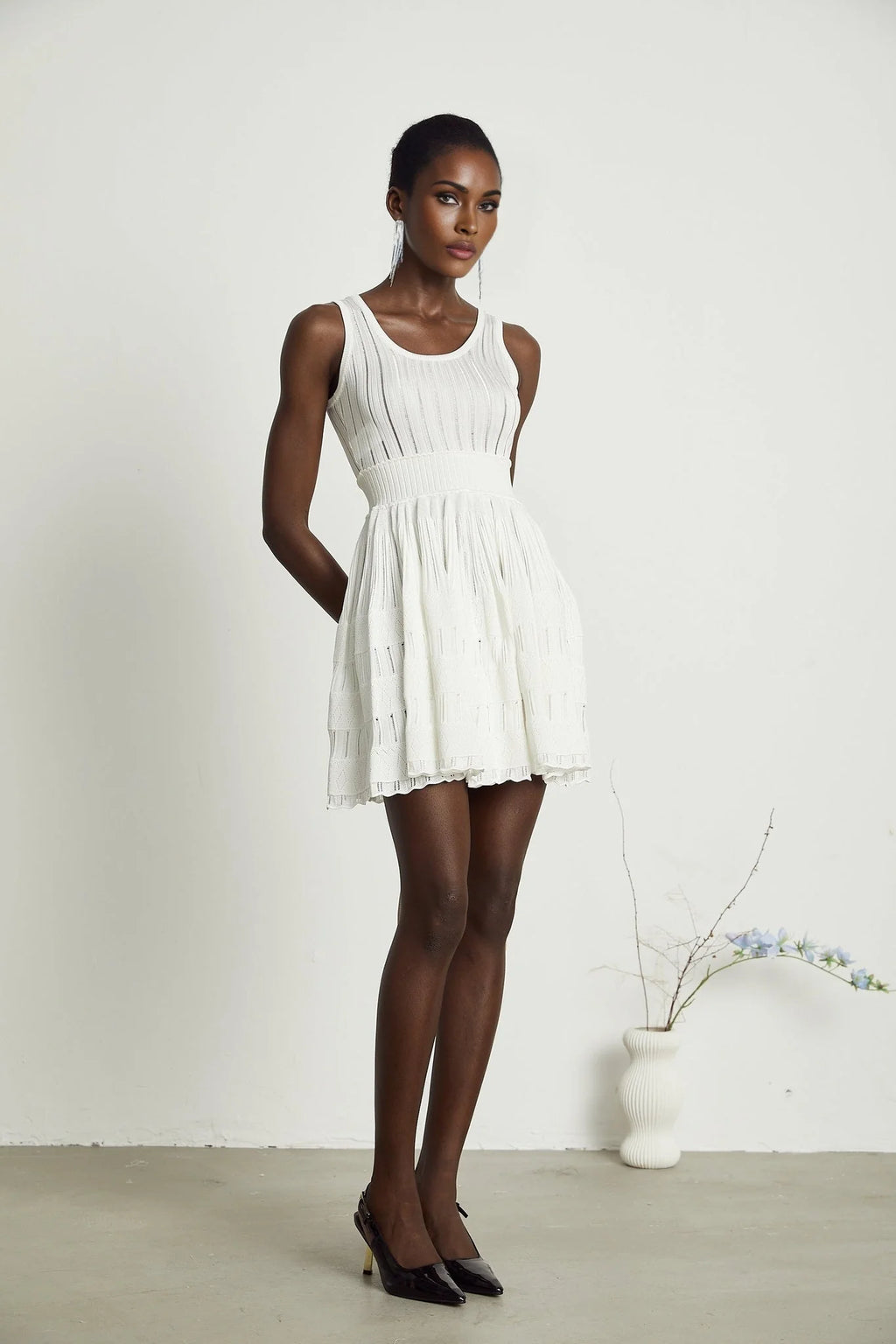 Cherish Mini Dress - U - neck - Sleeveless - Cut - out & Pleated Detailing - Flared Skirt