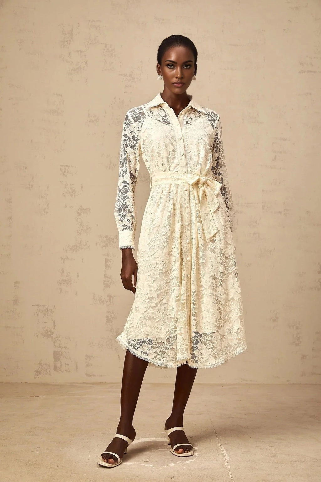 Cheyenne Midi Dress Neutrals Guipure - Lace Calf - Length Shirt & Tied Waist