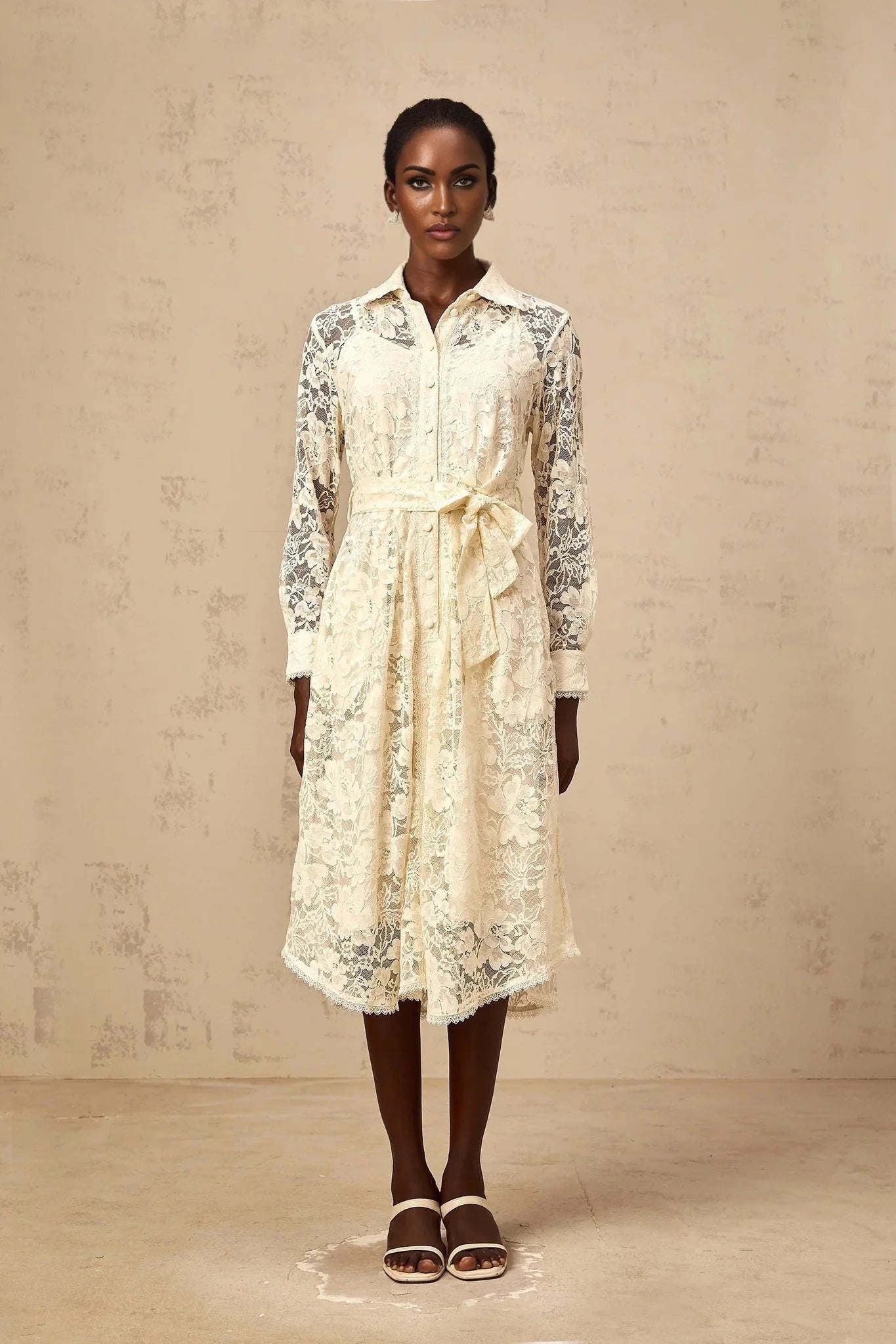 Cheyenne Midi Dress Neutrals Guipure - Lace Calf - Length Shirt & Tied Waist