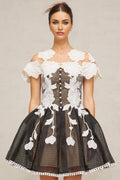 Cheyenne Mini Dress - Color Blocked Design - Cap Sleeves - Cinched Waist - Pleated Detailing