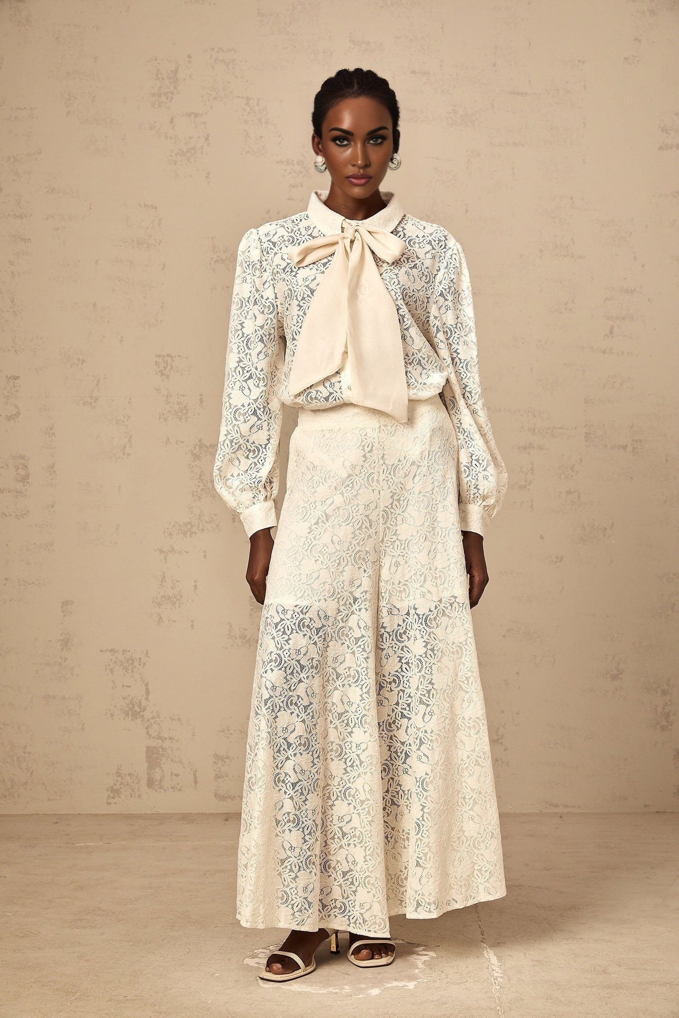Cheyenne Shirt & Trousers - Classic Collar - Ribbon Tie - Neck Detailing - Guipure Lace Embellishments - Wide Leg Style