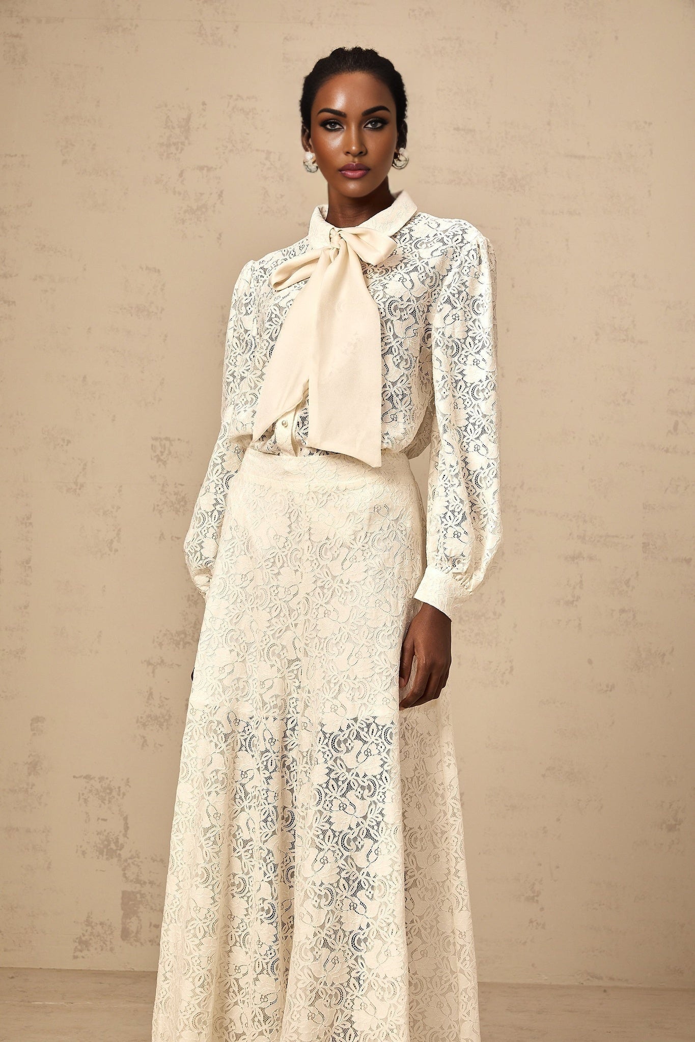 Cheyenne Shirt & Trousers - Classic Collar - Ribbon Tie - Neck Detailing - Guipure Lace Embellishments - Wide Leg Style