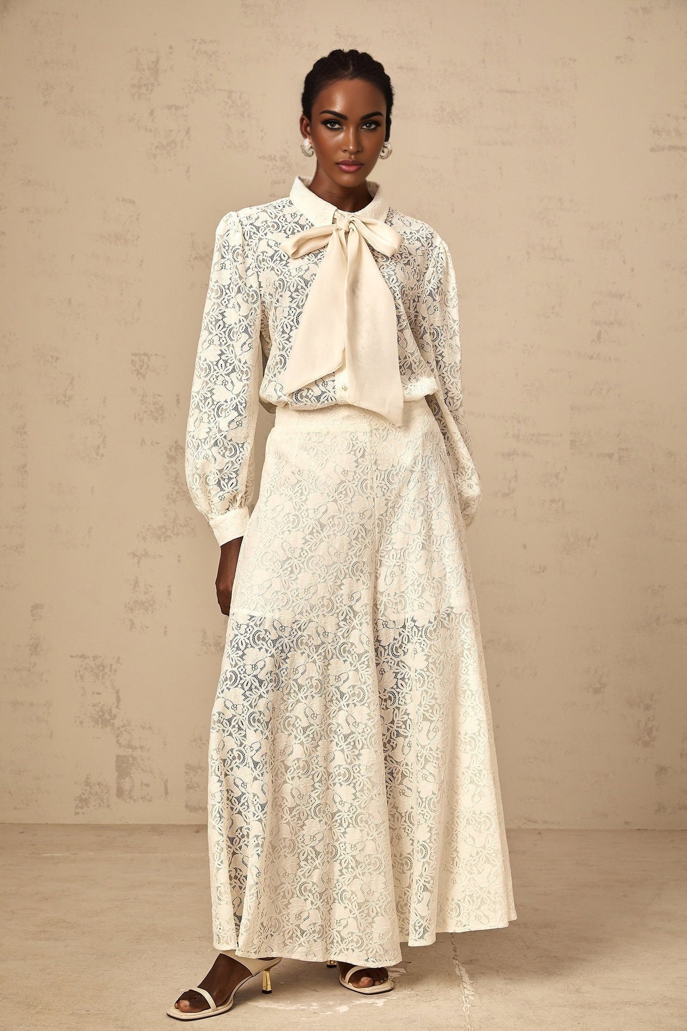 Cheyenne Shirt & Trousers - Classic Collar - Ribbon Tie - Neck Detailing - Guipure Lace Embellishments - Wide Leg Style