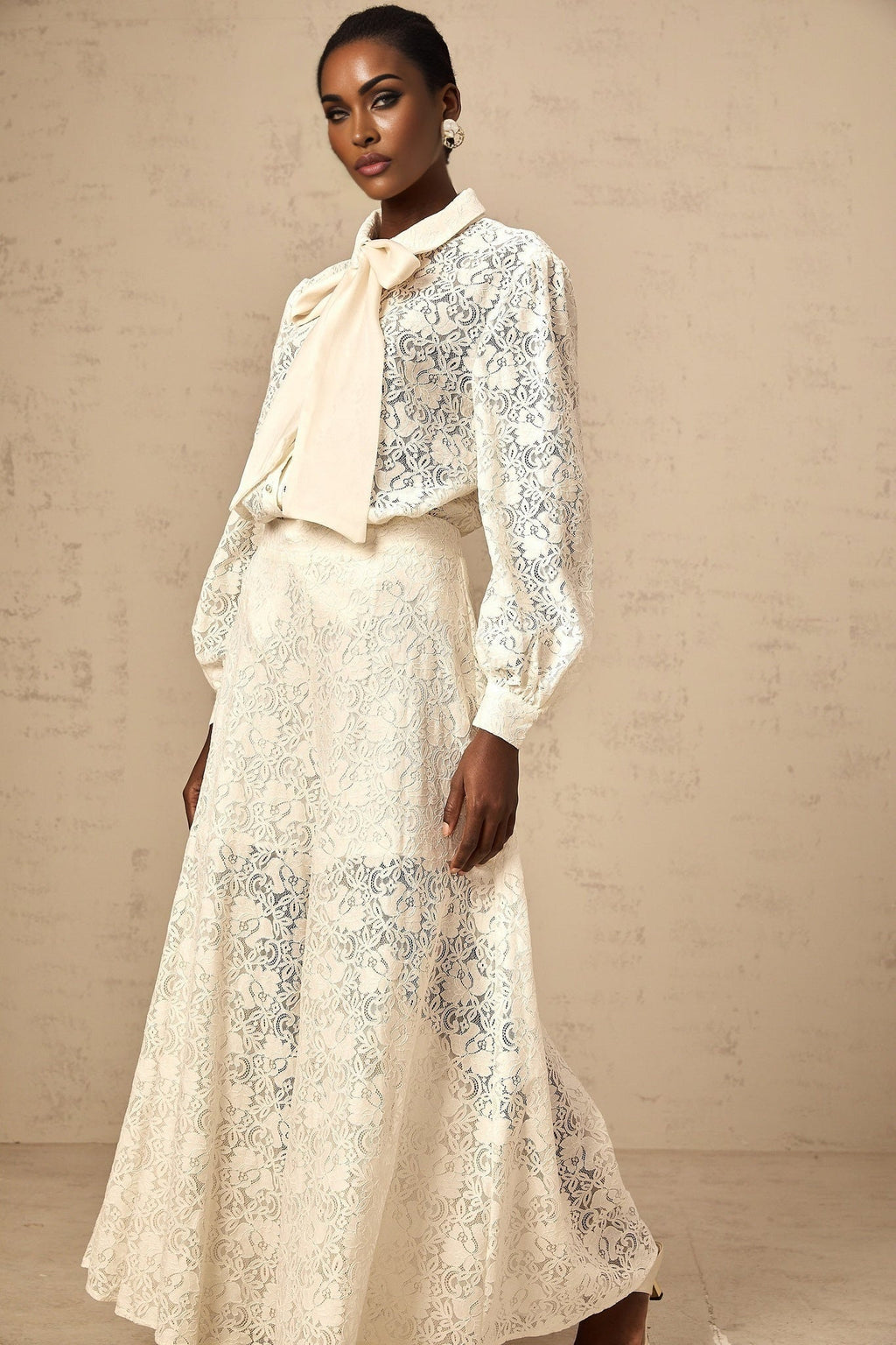 Cheyenne Shirt & Trousers - Classic Collar - Ribbon Tie - Neck Detailing - Guipure Lace Embellishments - Wide Leg Style