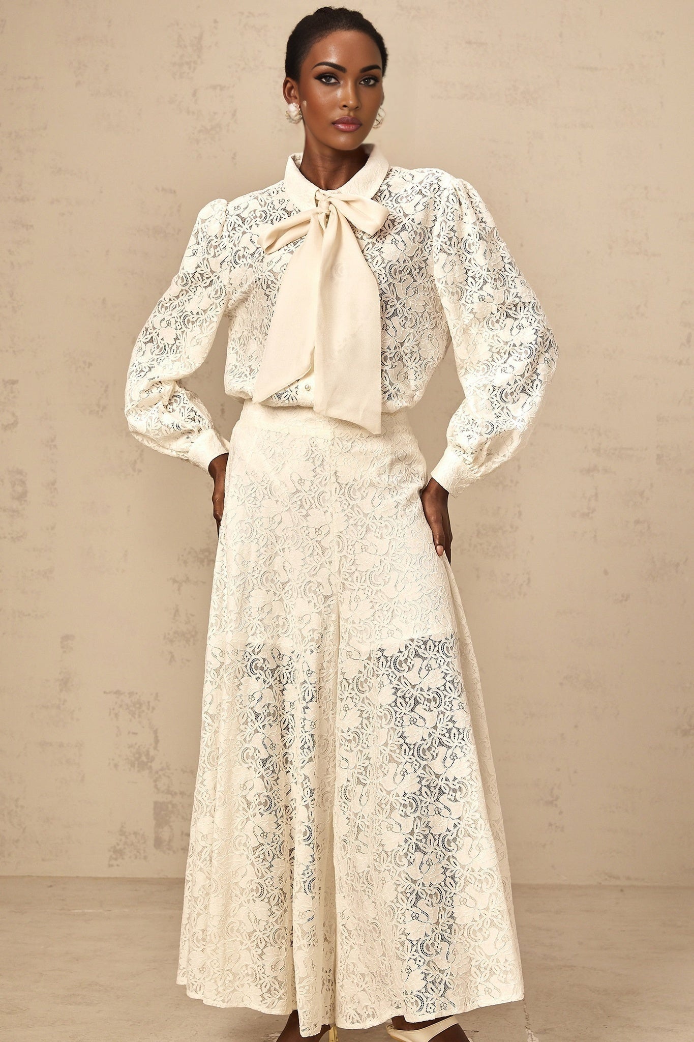 Cheyenne Shirt & Trousers - Classic Collar - Ribbon Tie - Neck Detailing - Guipure Lace Embellishments - Wide Leg Style