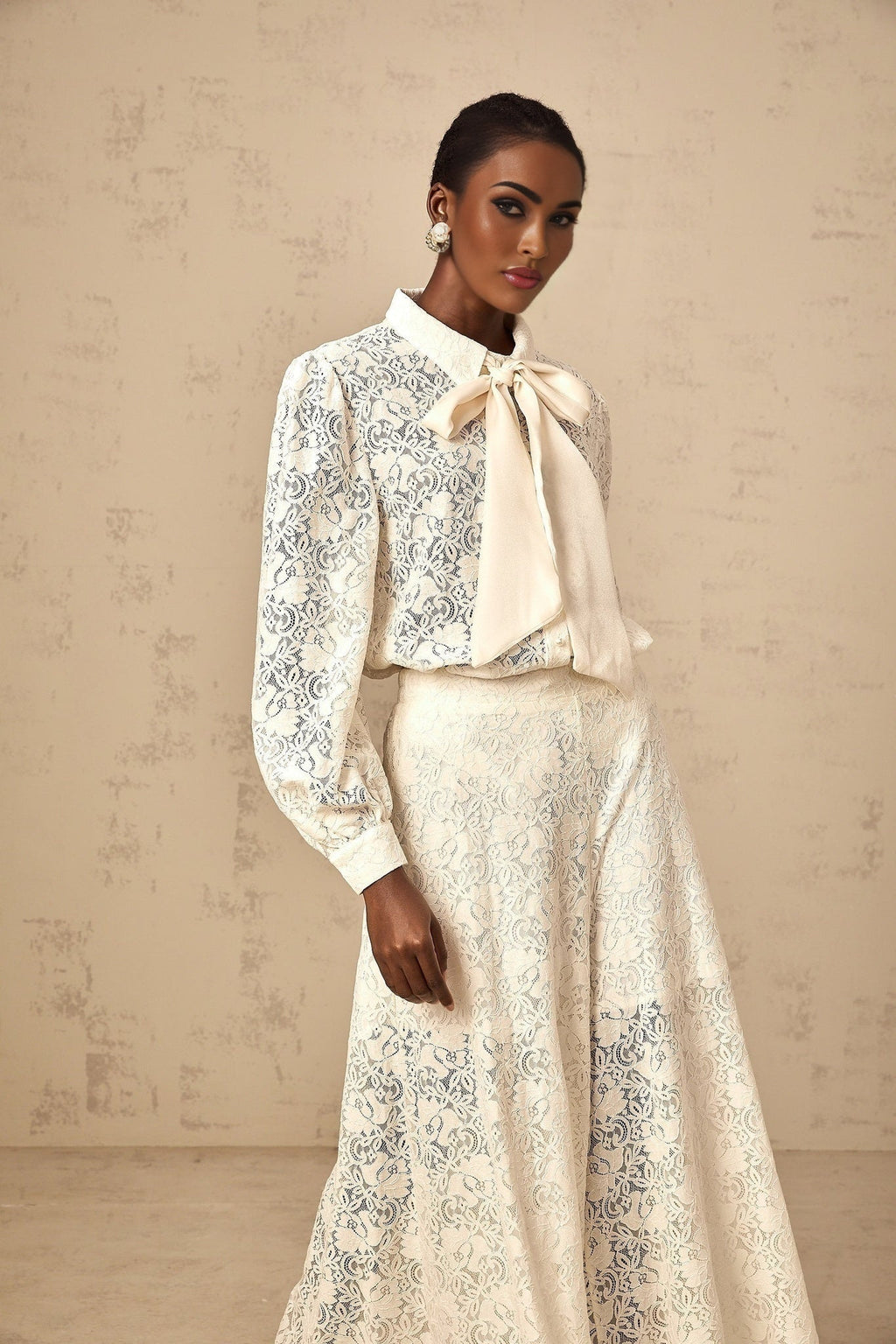 Cheyenne Shirt & Trousers - Classic Collar - Ribbon Tie - Neck Detailing - Guipure Lace Embellishments - Wide Leg Style
