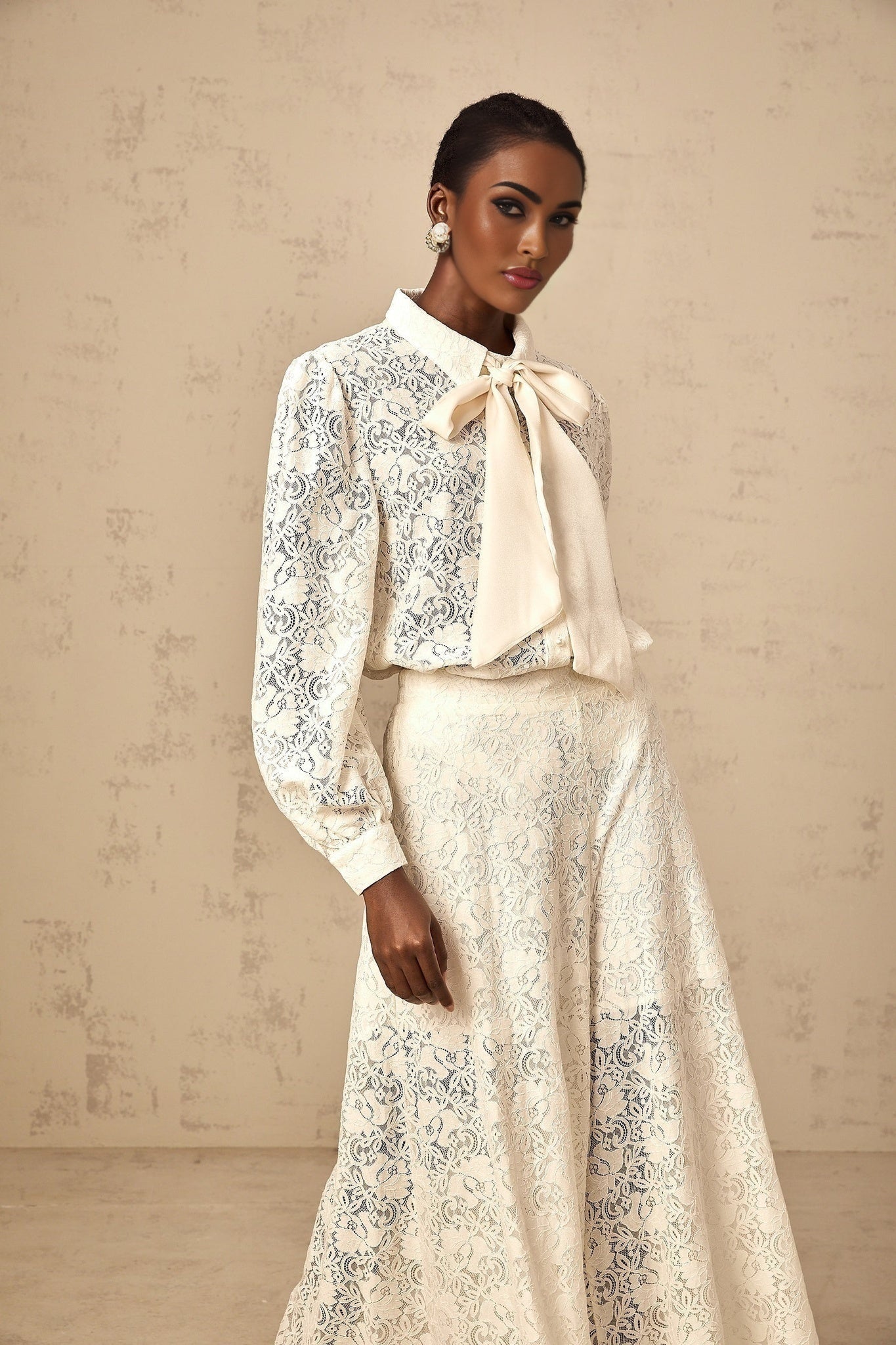 Cheyenne Shirt & Trousers - Classic Collar - Ribbon Tie - Neck Detailing - Guipure Lace Embellishments - Wide Leg Style