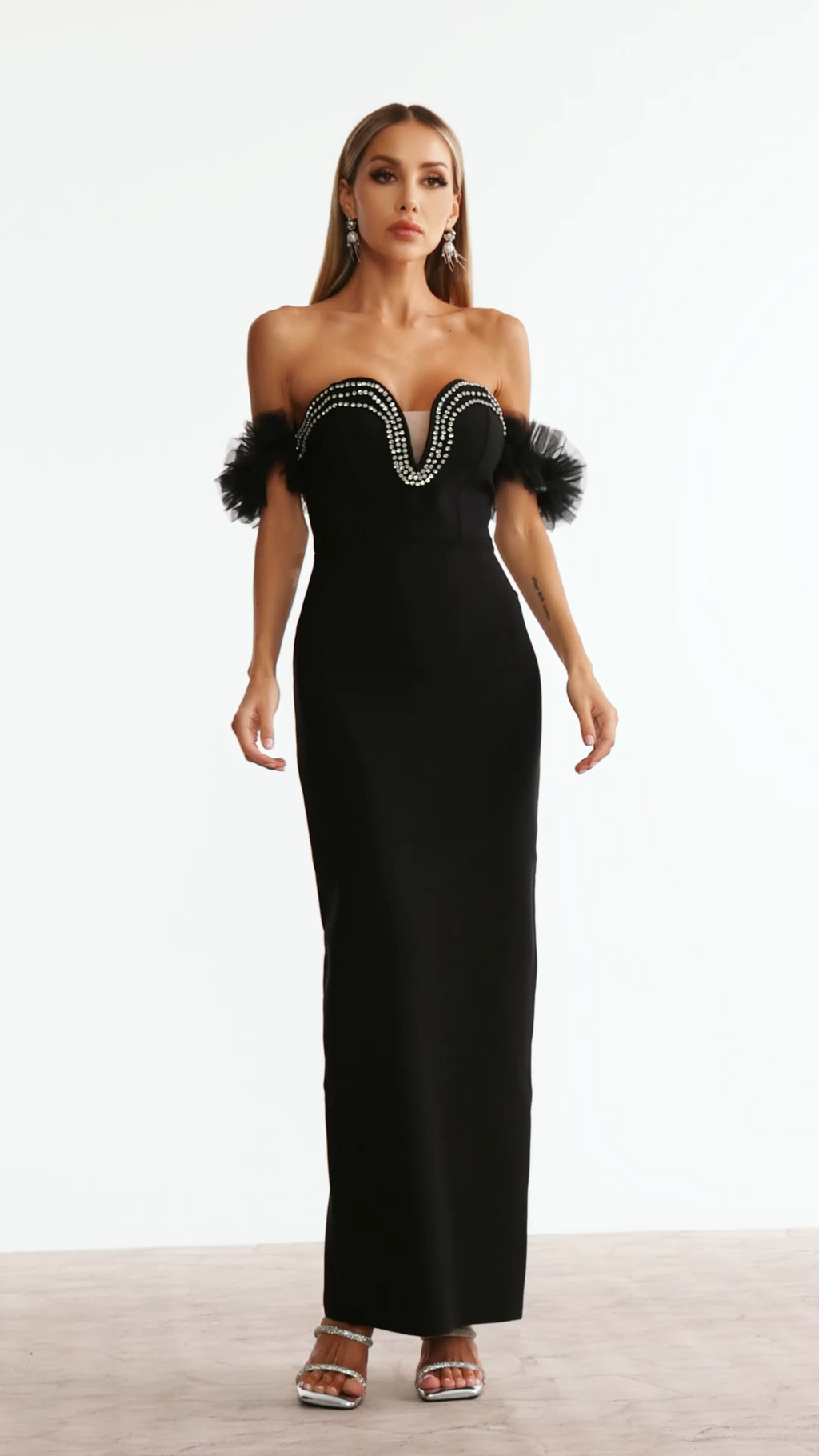 Chiara Black Off-Shoulder Rhinestone Detail Maxi Dress