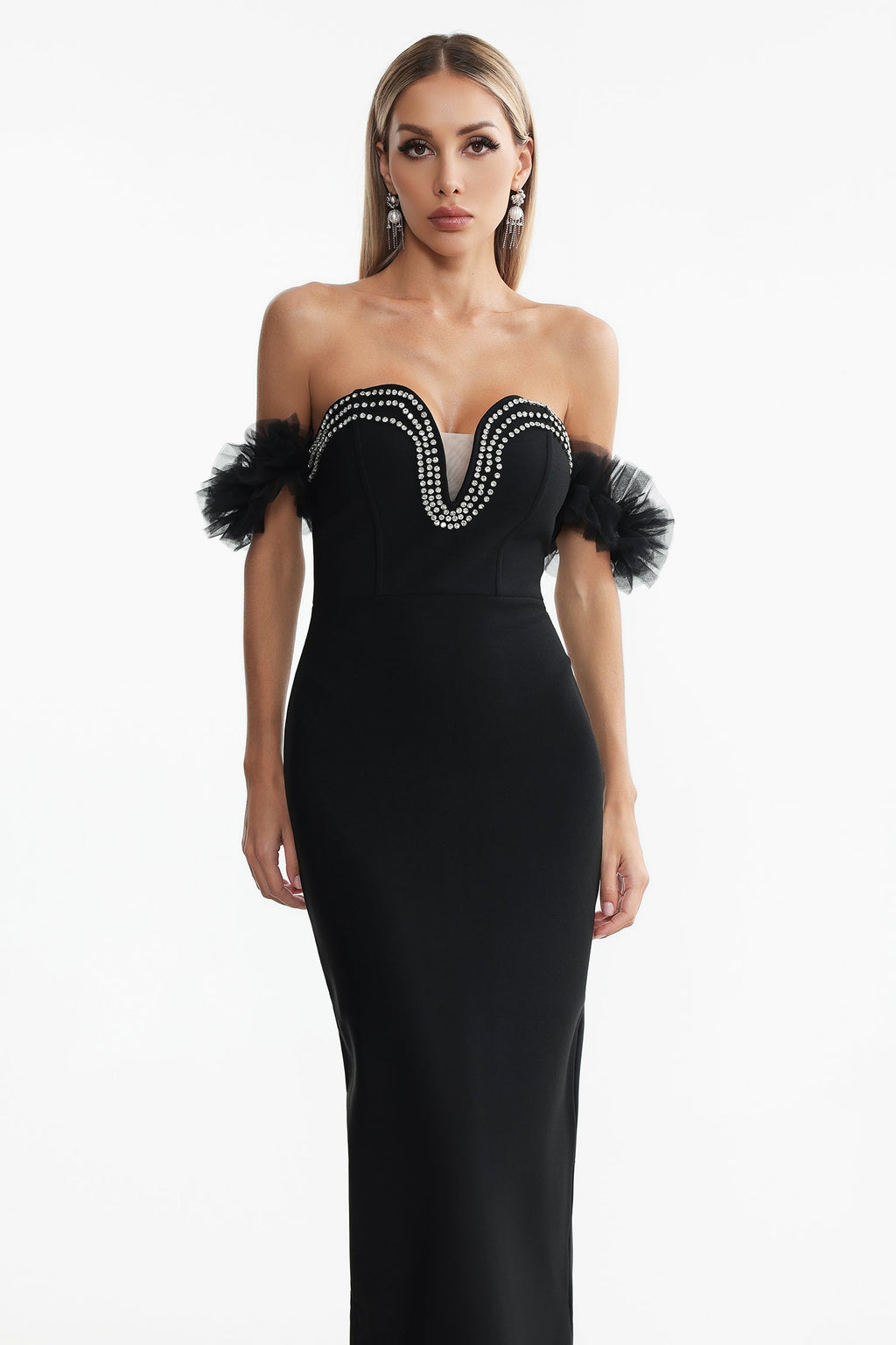 Chiara Black Off-Shoulder Rhinestone Detail Maxi Dress