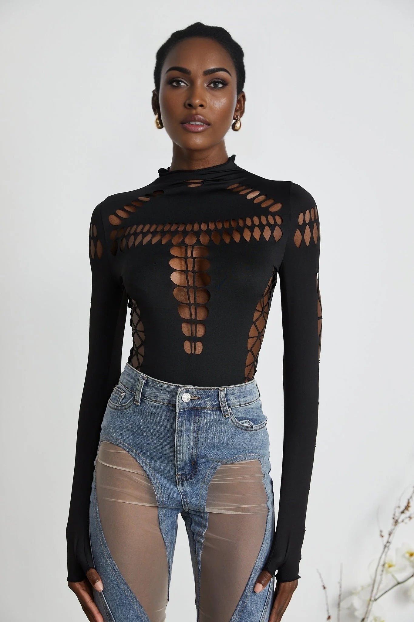 Chiara Bodysuit - Mock Neck - Cut - Out Design - Bodycon Fit - Long Sleeves