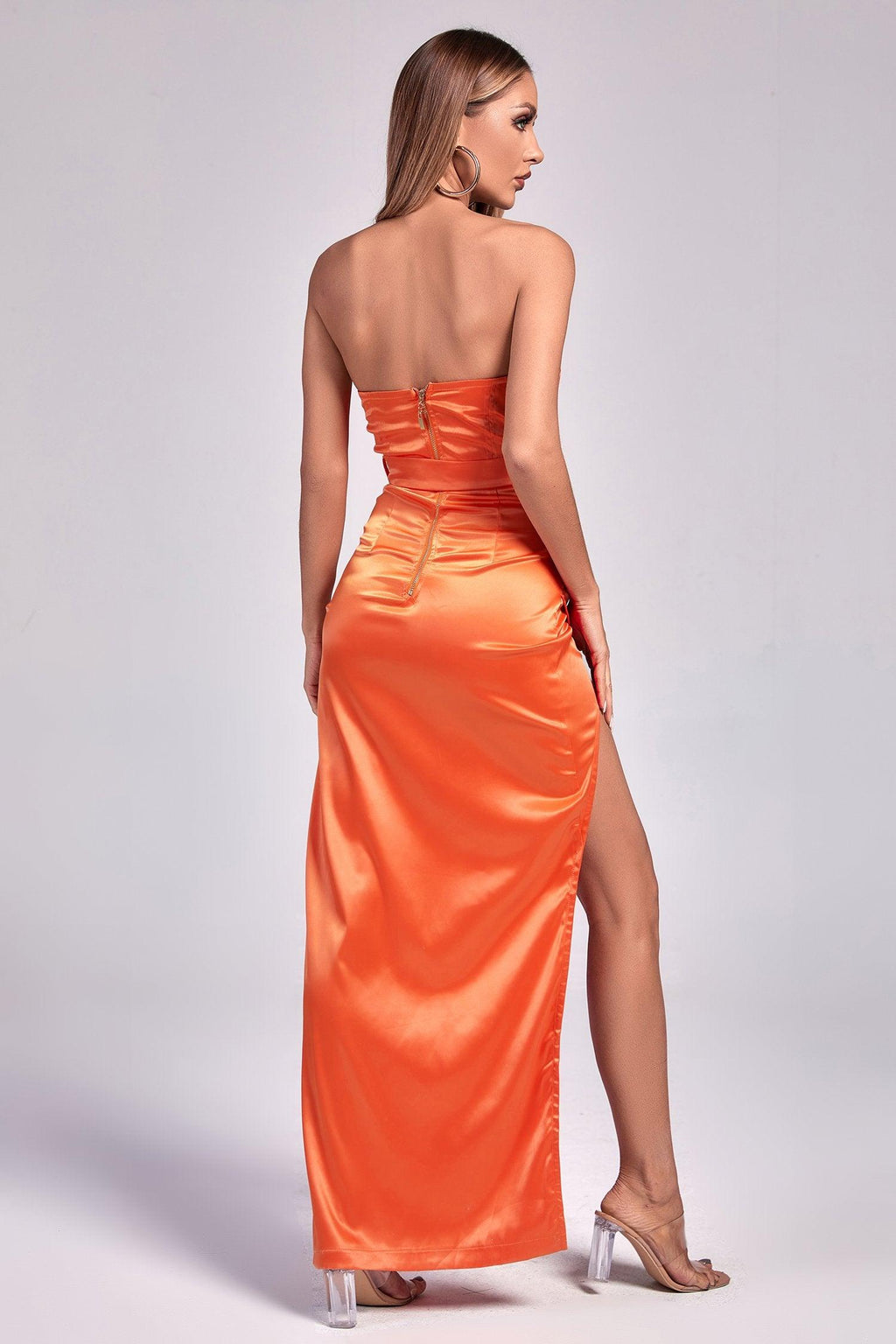 Chiara Orange Satin Strapless Dress with Slit Detail and Belt