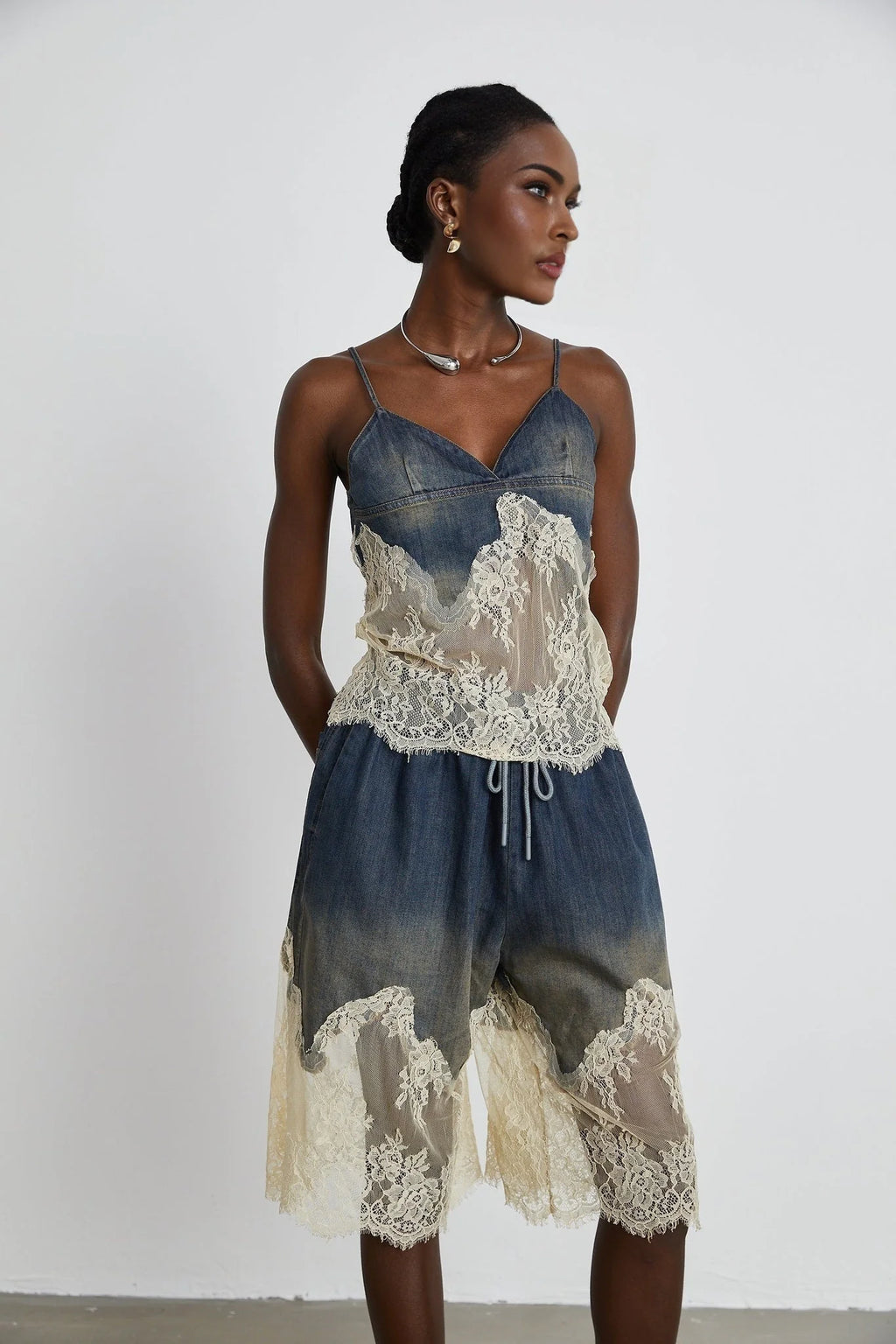 Chiara Top & Shorts - Denim Blend - Lace Detailing - Elasticated Waistband - Side Pockets