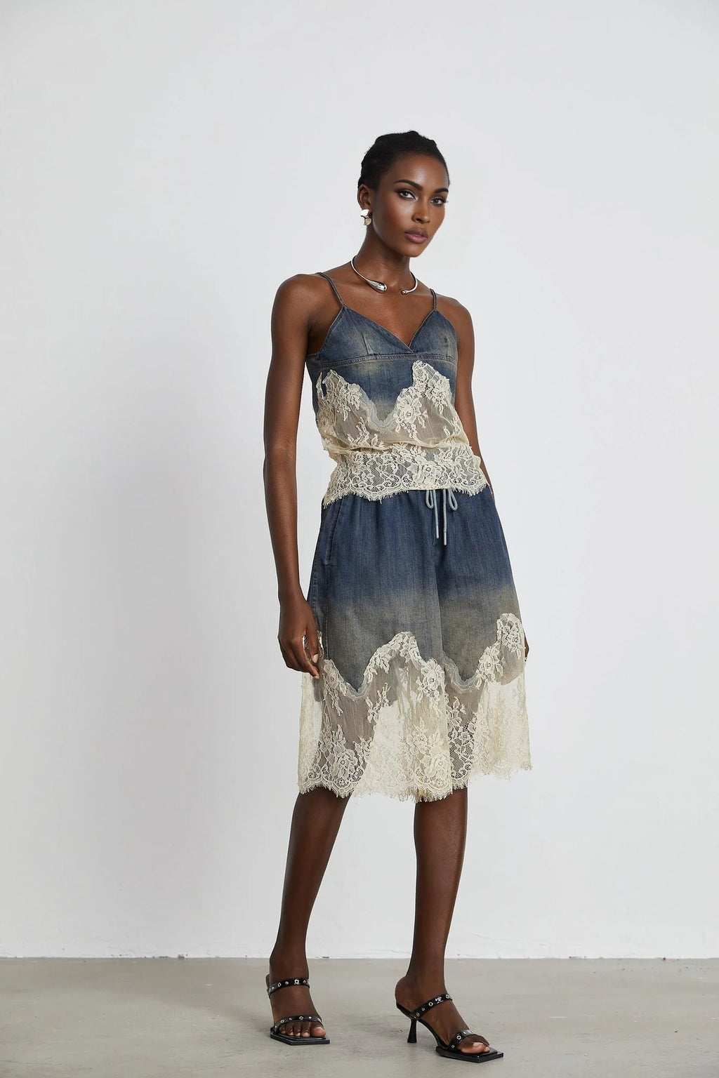 Chiara Top & Shorts - Denim Blend - Lace Detailing - Elasticated Waistband - Side Pockets