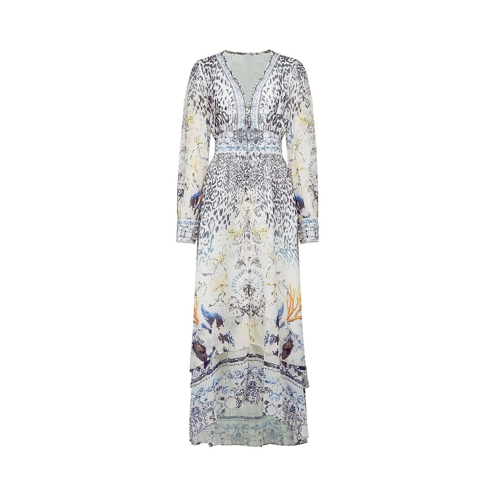 Chloe Maxi Dress - Plunging V - Neck - Long Blouson Sleeves - Double Ruffle Hem - Front Button Fastening