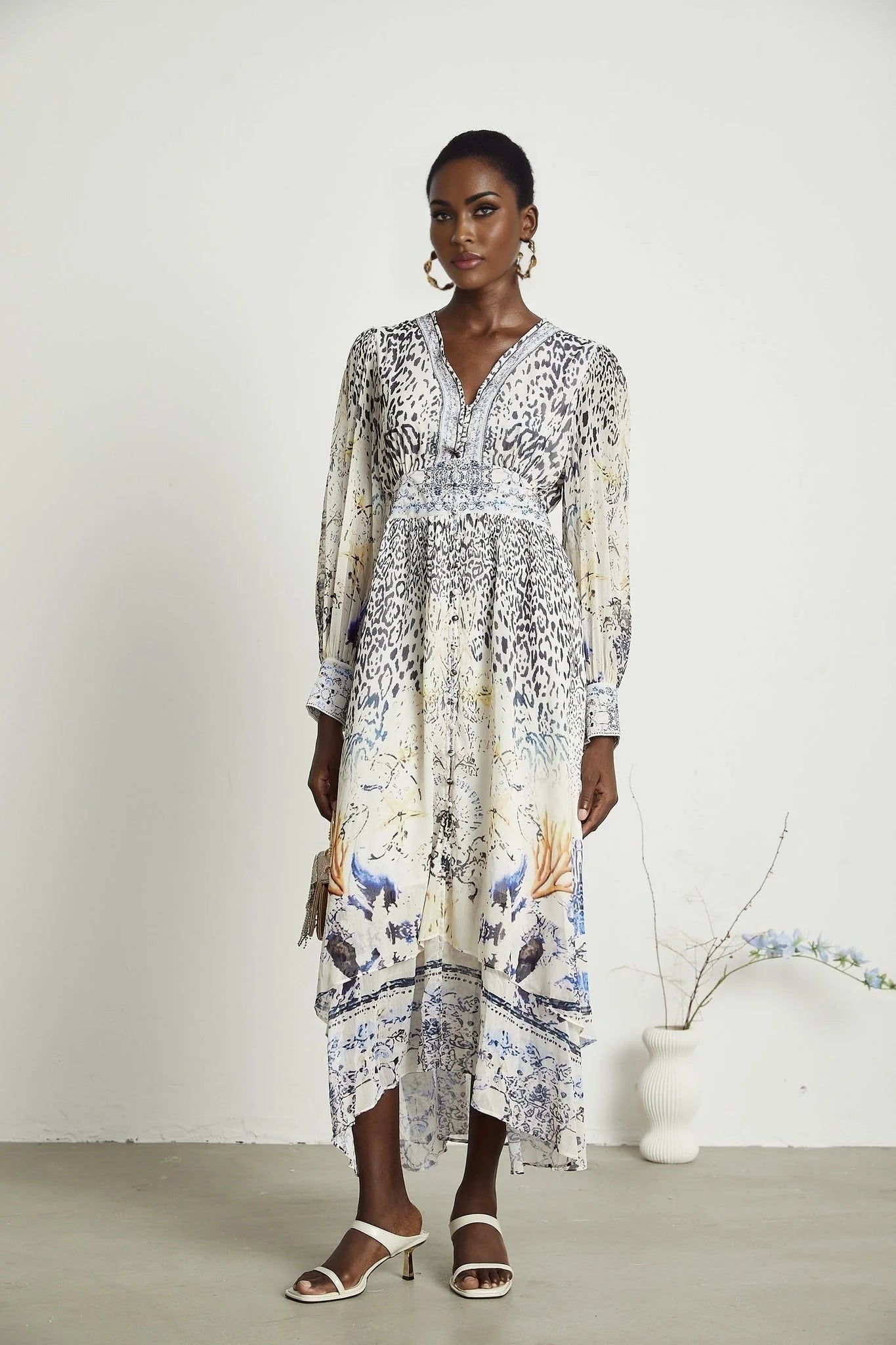 Chloe Maxi Dress - Plunging V - Neck - Long Blouson Sleeves - Double Ruffle Hem - Front Button Fastening