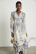 Chloe Maxi Dress - Plunging V - Neck - Long Blouson Sleeves - Double Ruffle Hem - Front Button Fastening