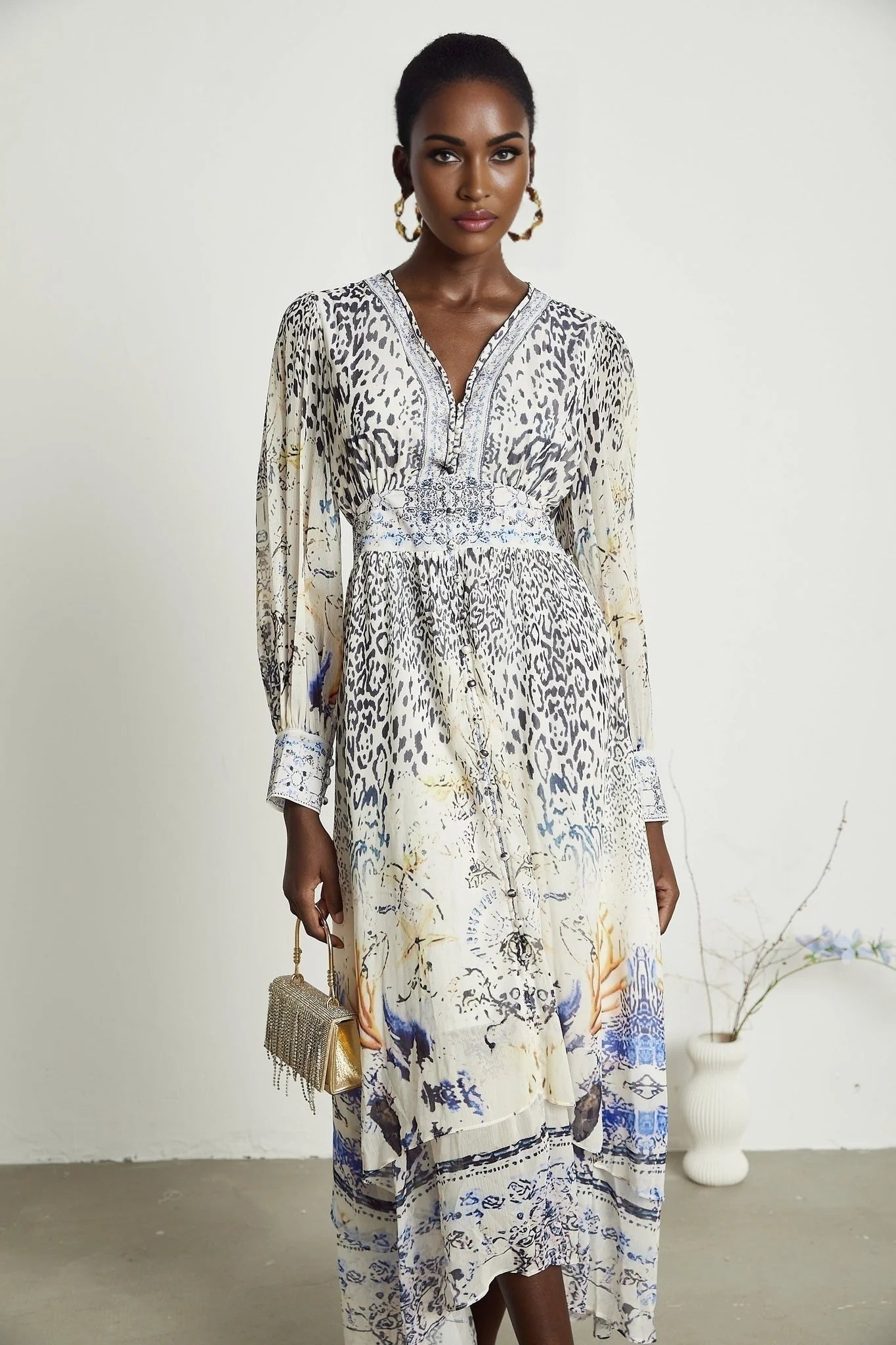 Chloe Maxi Dress - Plunging V - Neck - Long Blouson Sleeves - Double Ruffle Hem - Front Button Fastening