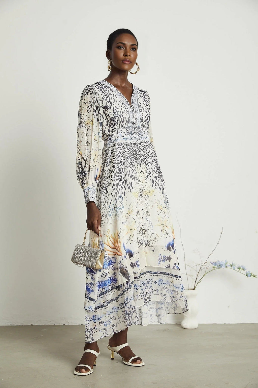 Chloe Maxi Dress - Plunging V - Neck - Long Blouson Sleeves - Double Ruffle Hem - Front Button Fastening